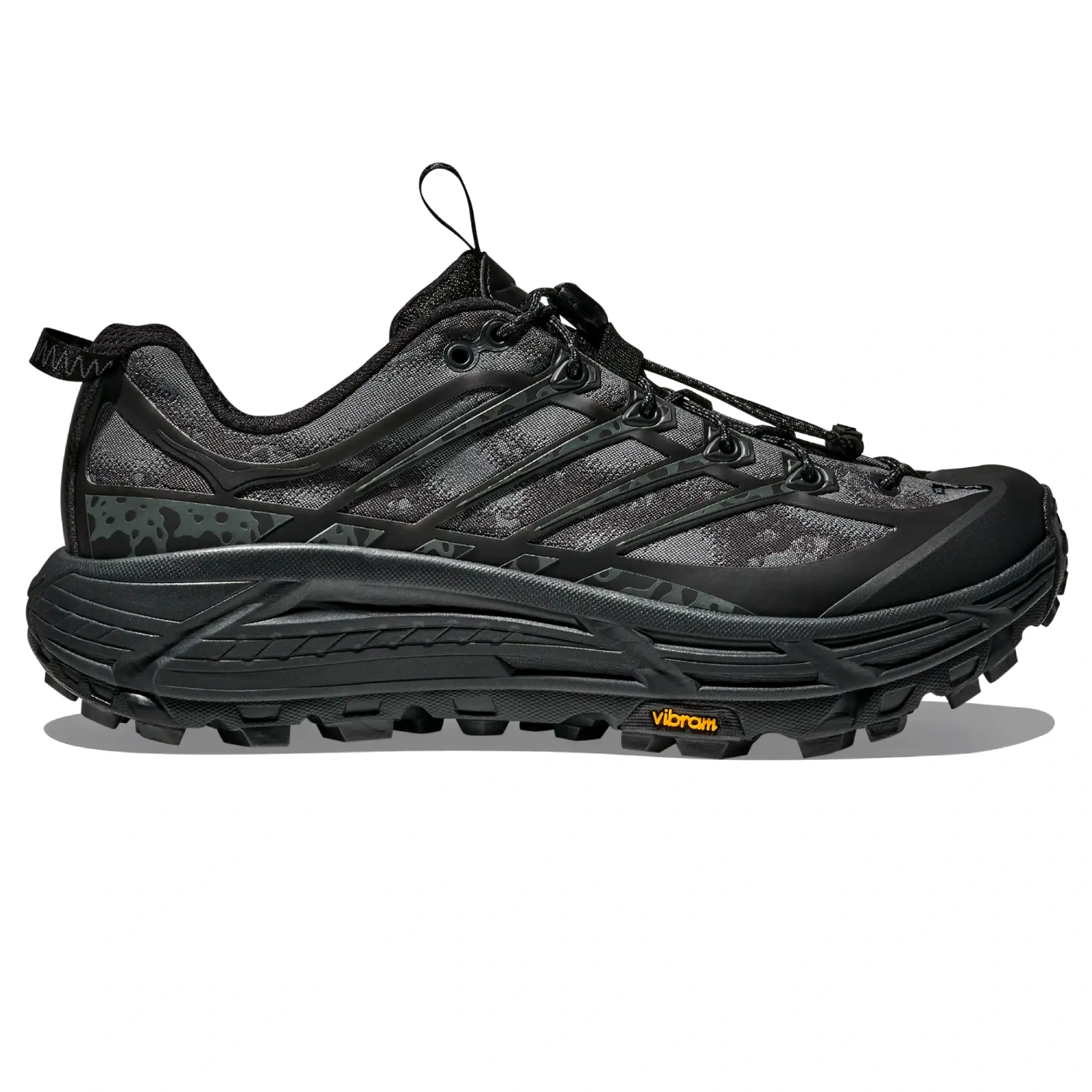 Hoka Mafate Three2 Black/Carbon Black side view in a white background