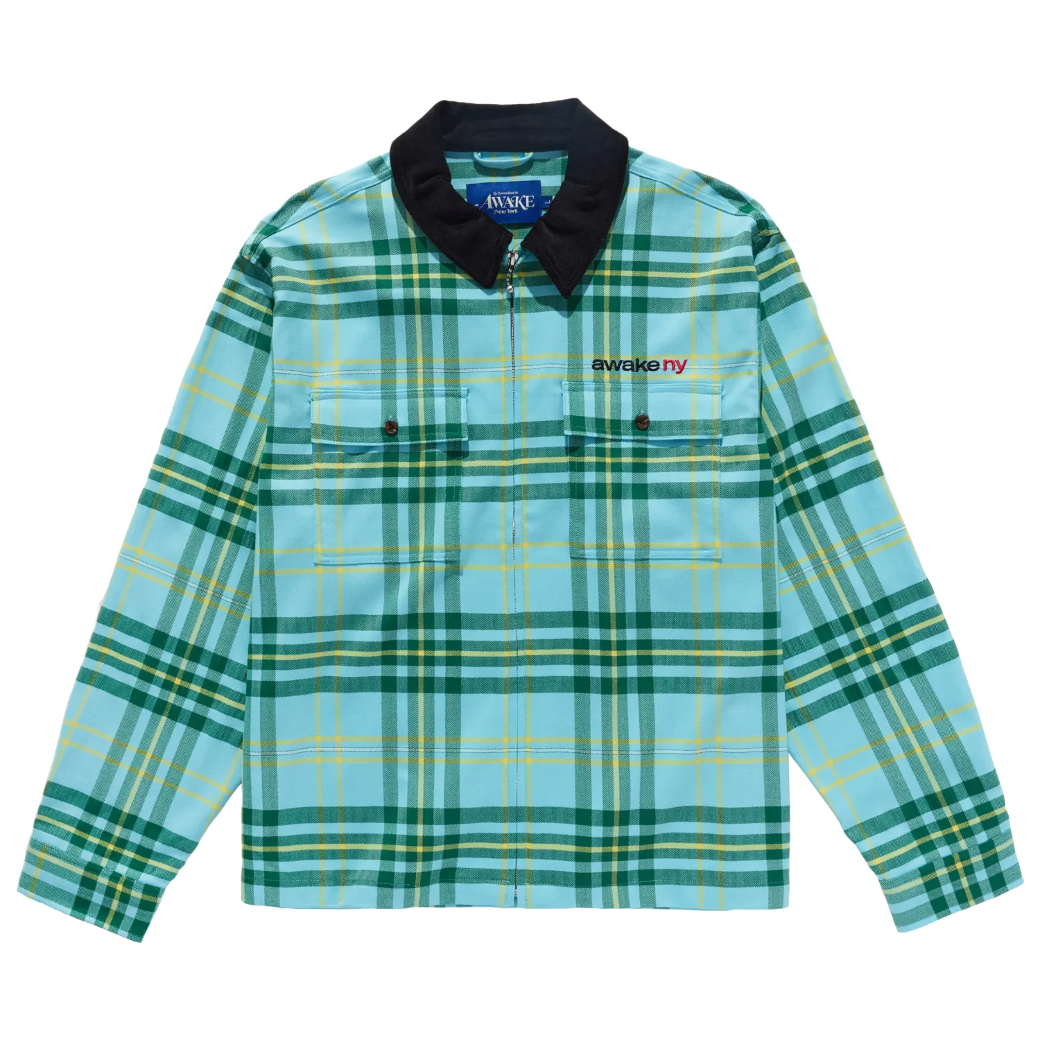 Awake NY Plaid Flannel Zip Up Shirt Turquoise front view in a white background