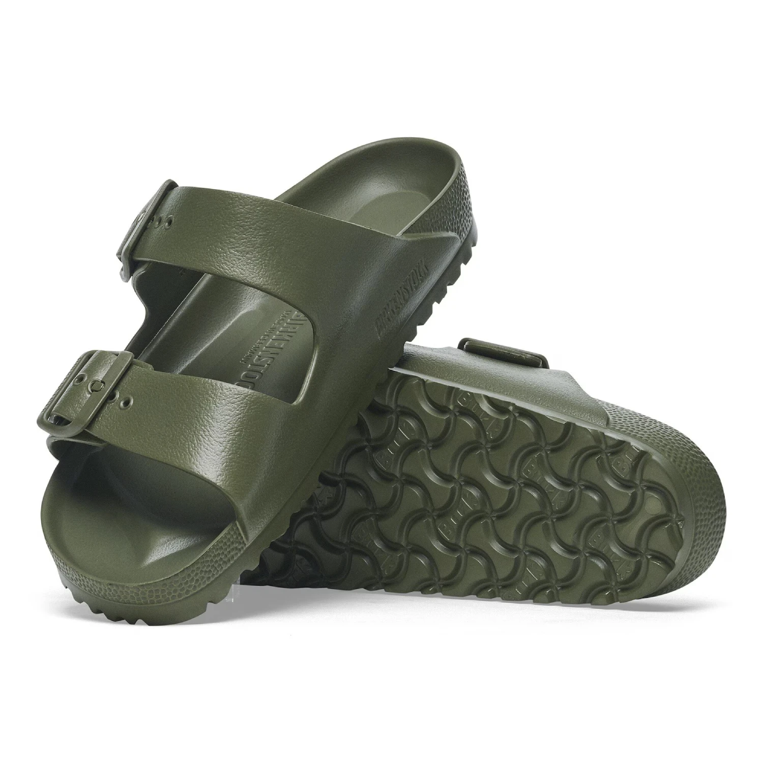 Birkenstock Arizona EVA Khaki top and bottom view in a white background