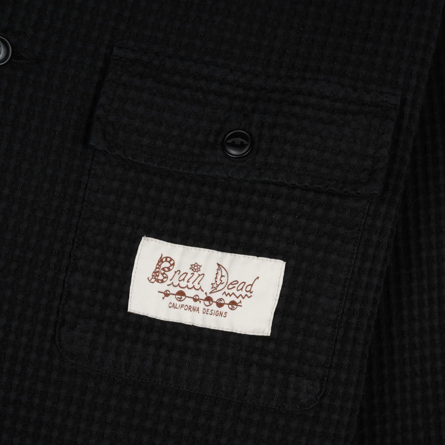 Brain Dead Waffle Button Front Shirt Black pocket patch detail