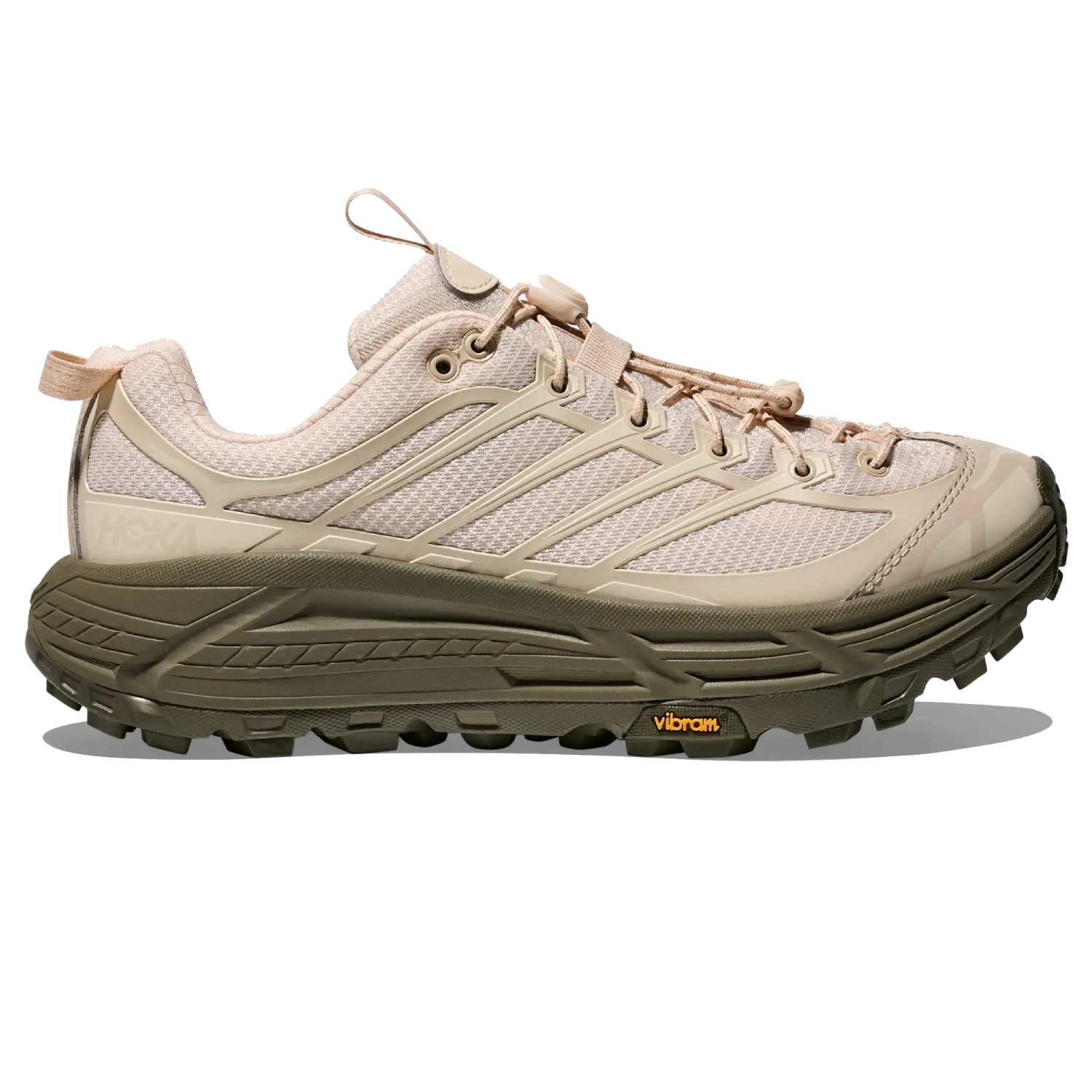 Hoka Mafate Three2 Oat Milk / Eucalyptus side view in a white background