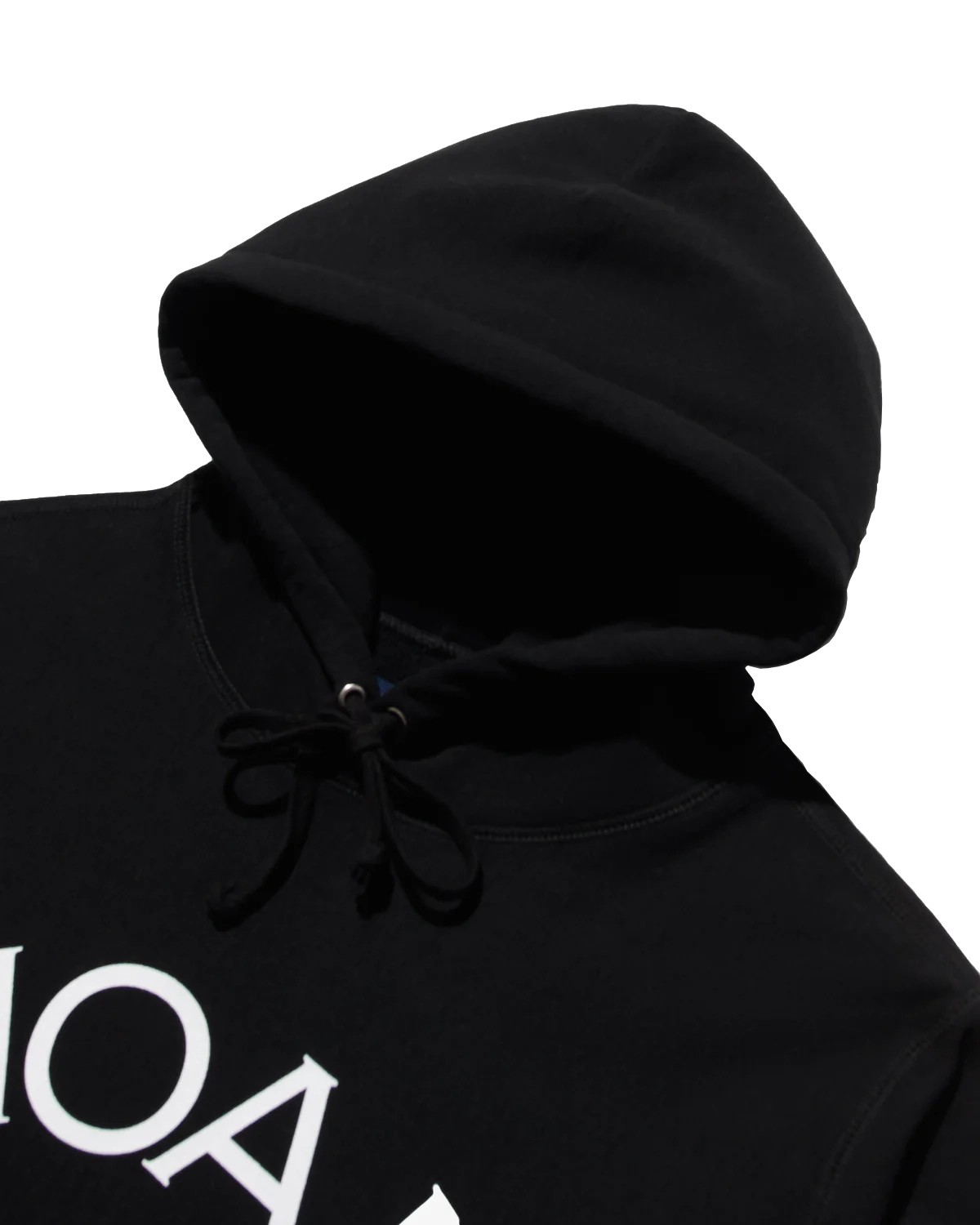 Noah Jolly Roger Core Logo Hoodie Black front view hood detail in a white background
