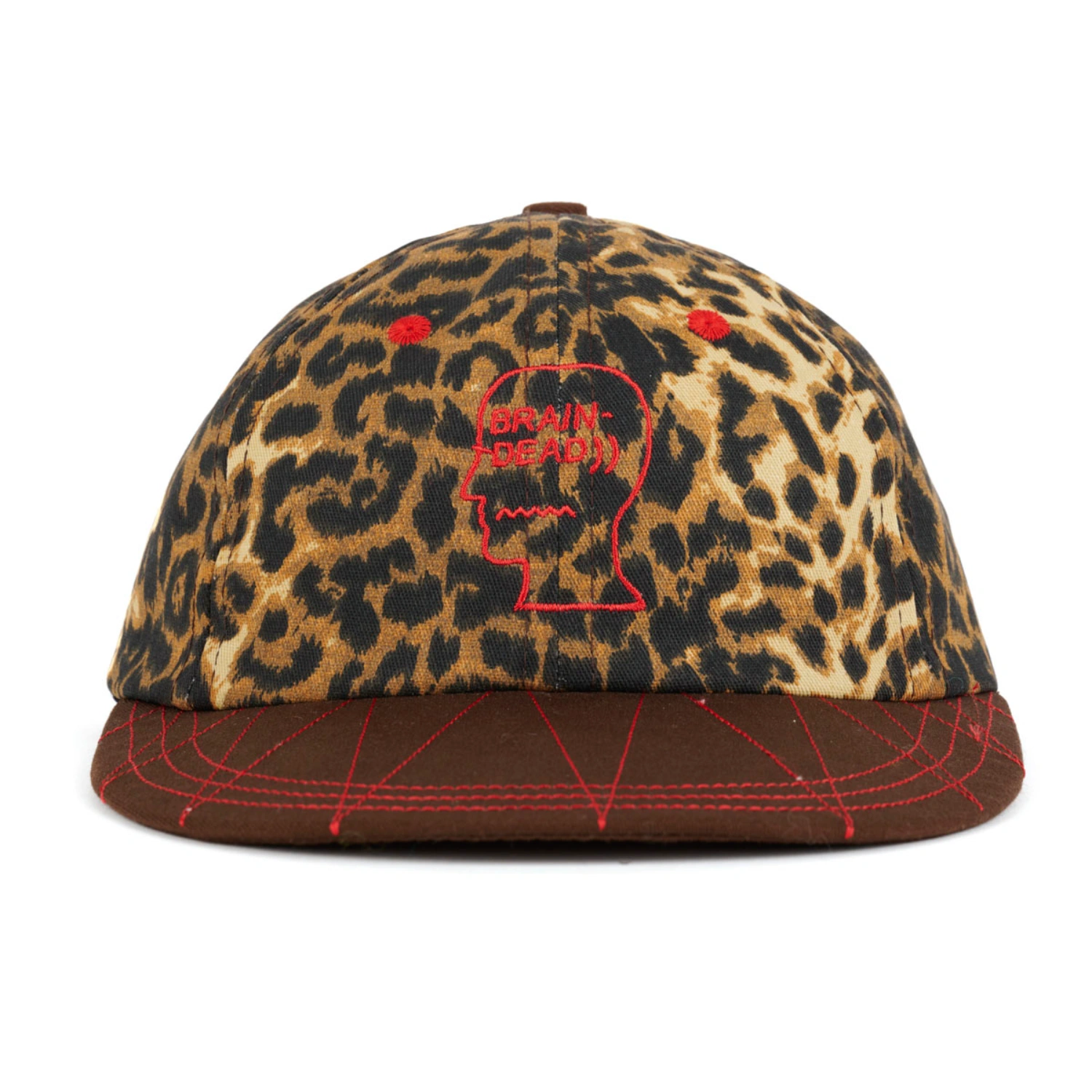 Brain Dead Logohead Longbrim Hat Leopard front view in a white background
