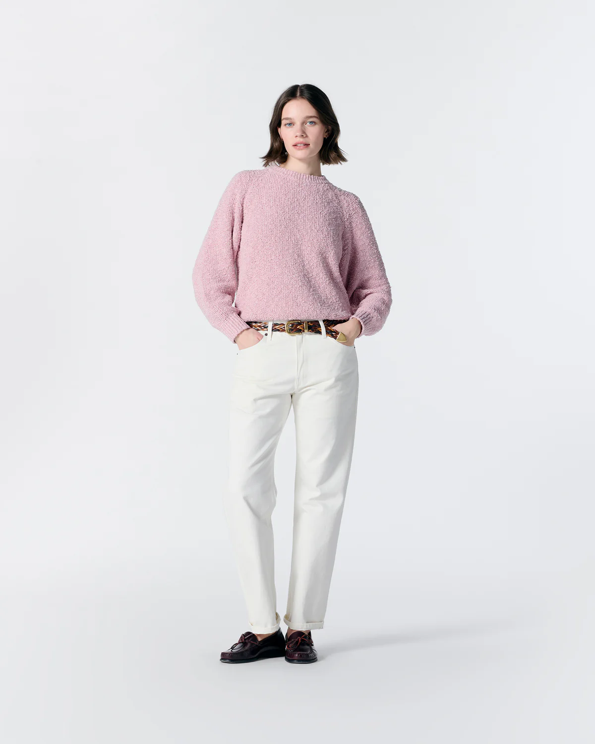 Noah Popcorn Yarn Sweater Pink front view on model