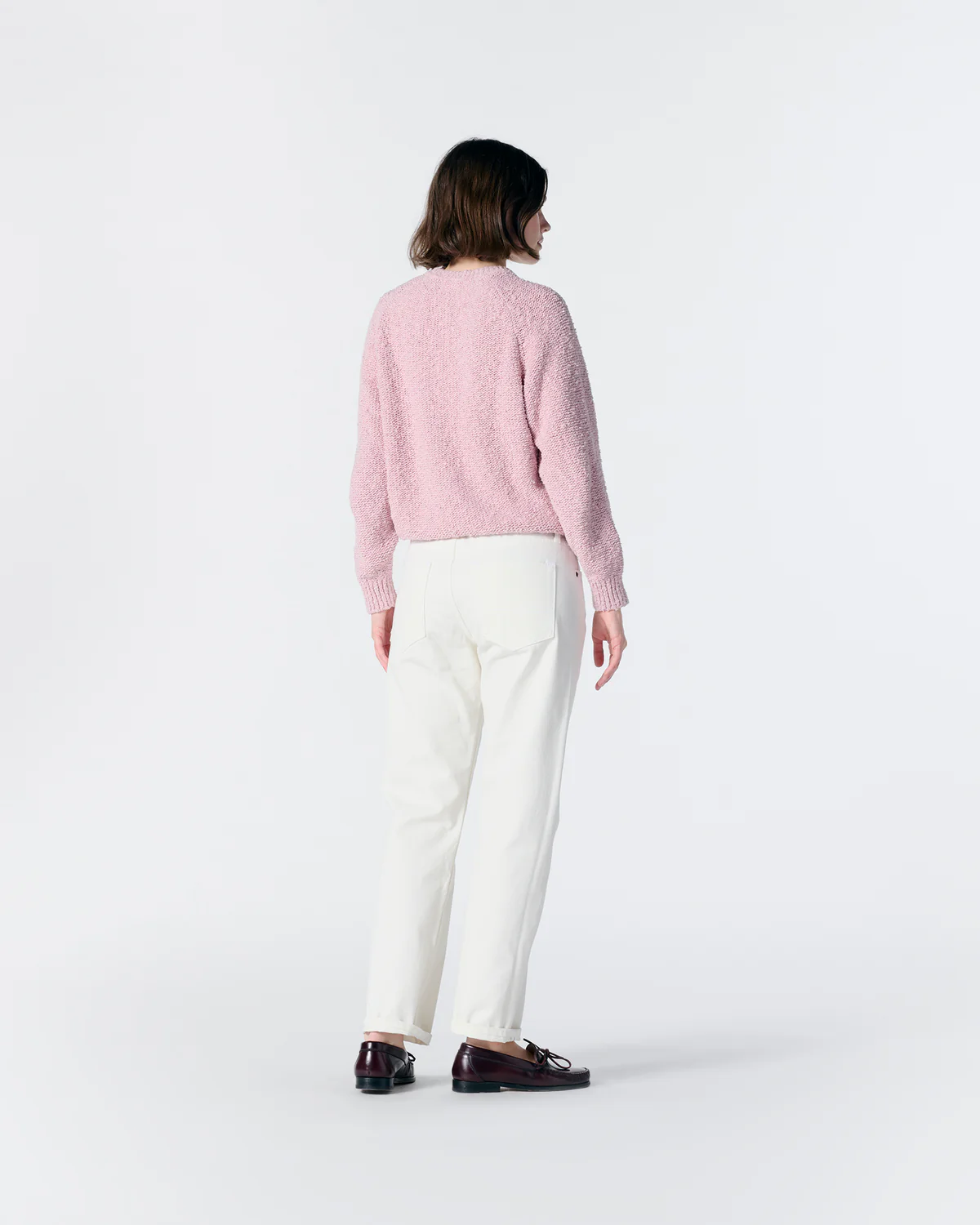 Noah Popcorn Yarn Sweater Pink back view on model