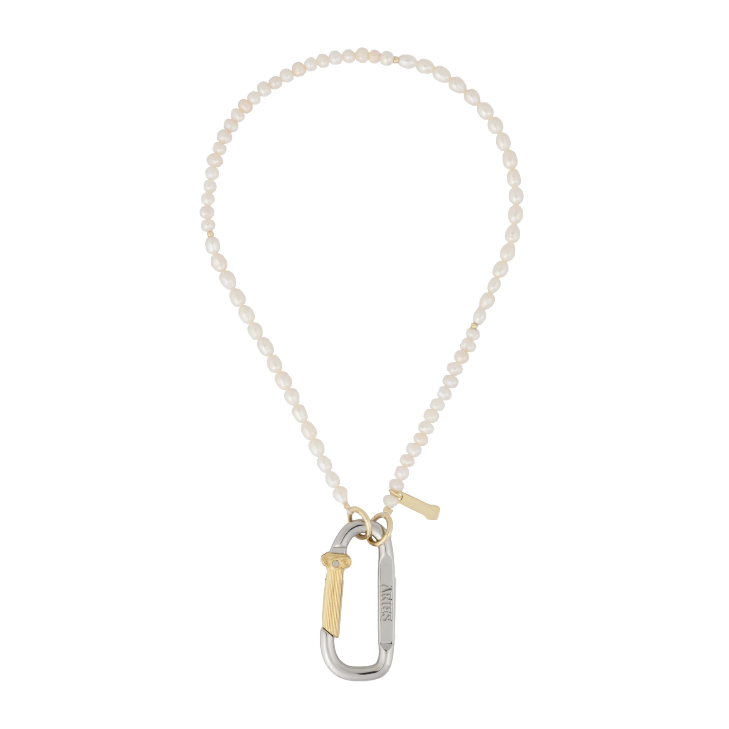 Aries Mini Carabiner Pearl Necklace front view in a white background