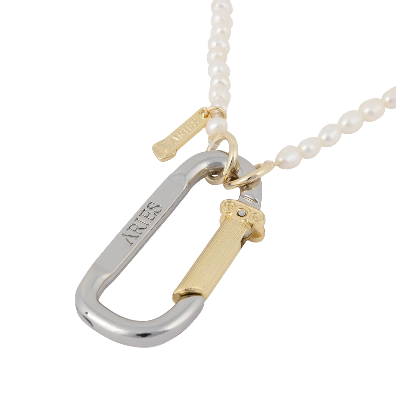 Aries Mini Carabiner Pearl Necklace detail in a white background
