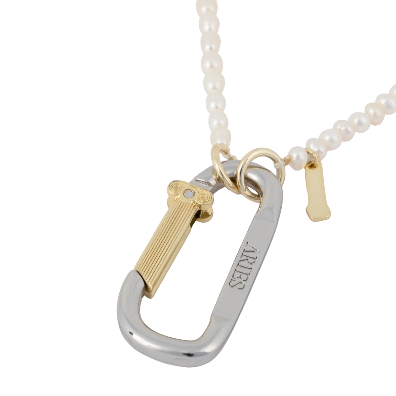 Aries Mini Carabiner Pearl Necklace detail in a white background