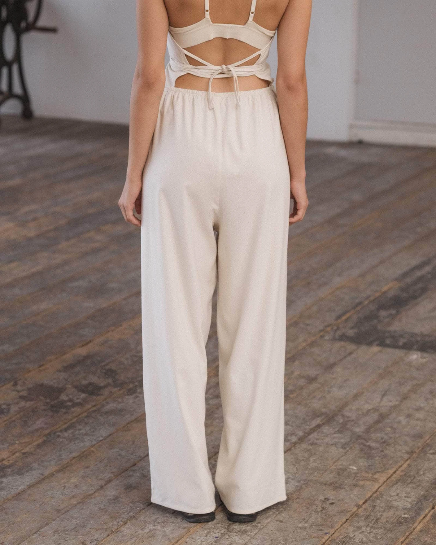 Baserange Stoa Pants Undyed backview on model