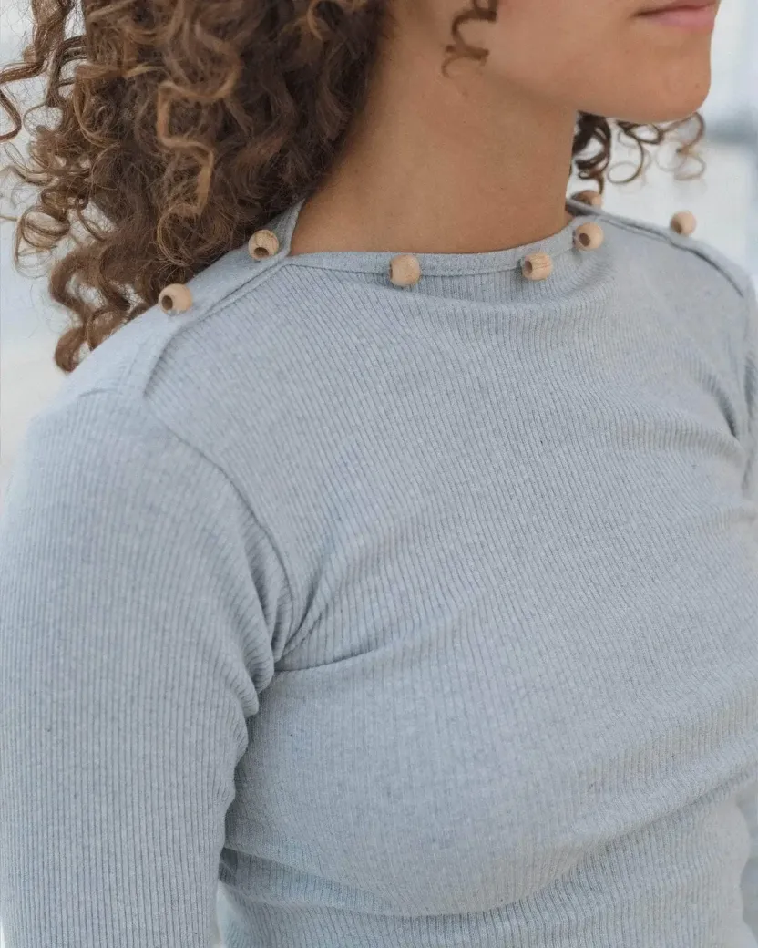 Baserange Tav Long Sleeve Tee Hardin Blue neckline detail on model