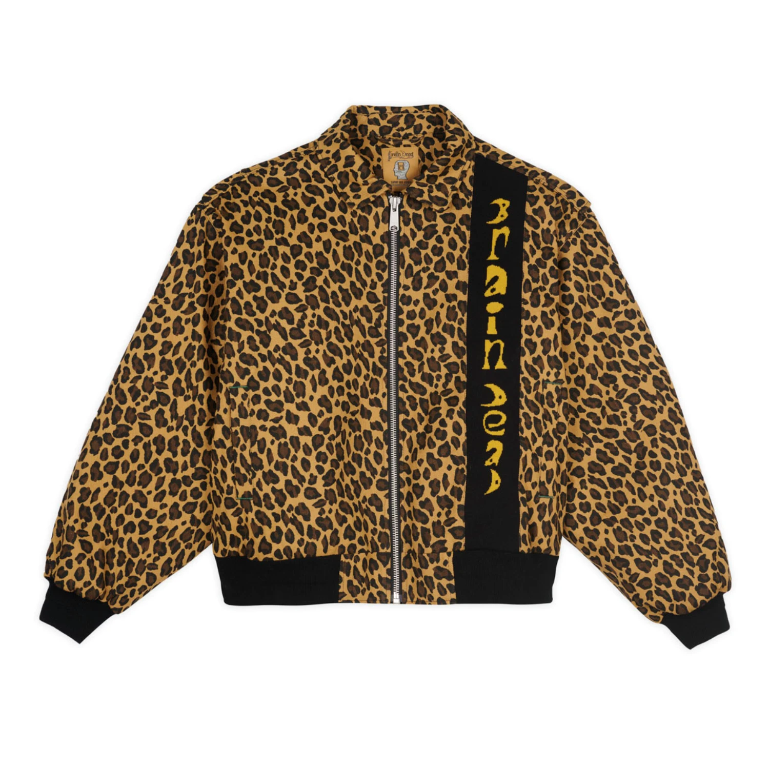 Brain Dead Twill Flight Jacket Leopard front view in a white background