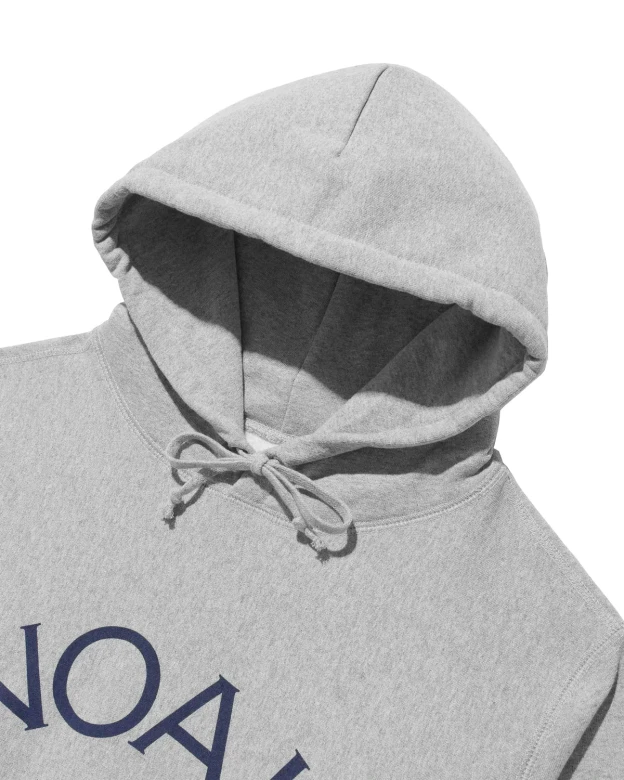 Noah Winged Foot Logo Hoodie Heather Grey front view hood detail in a white background