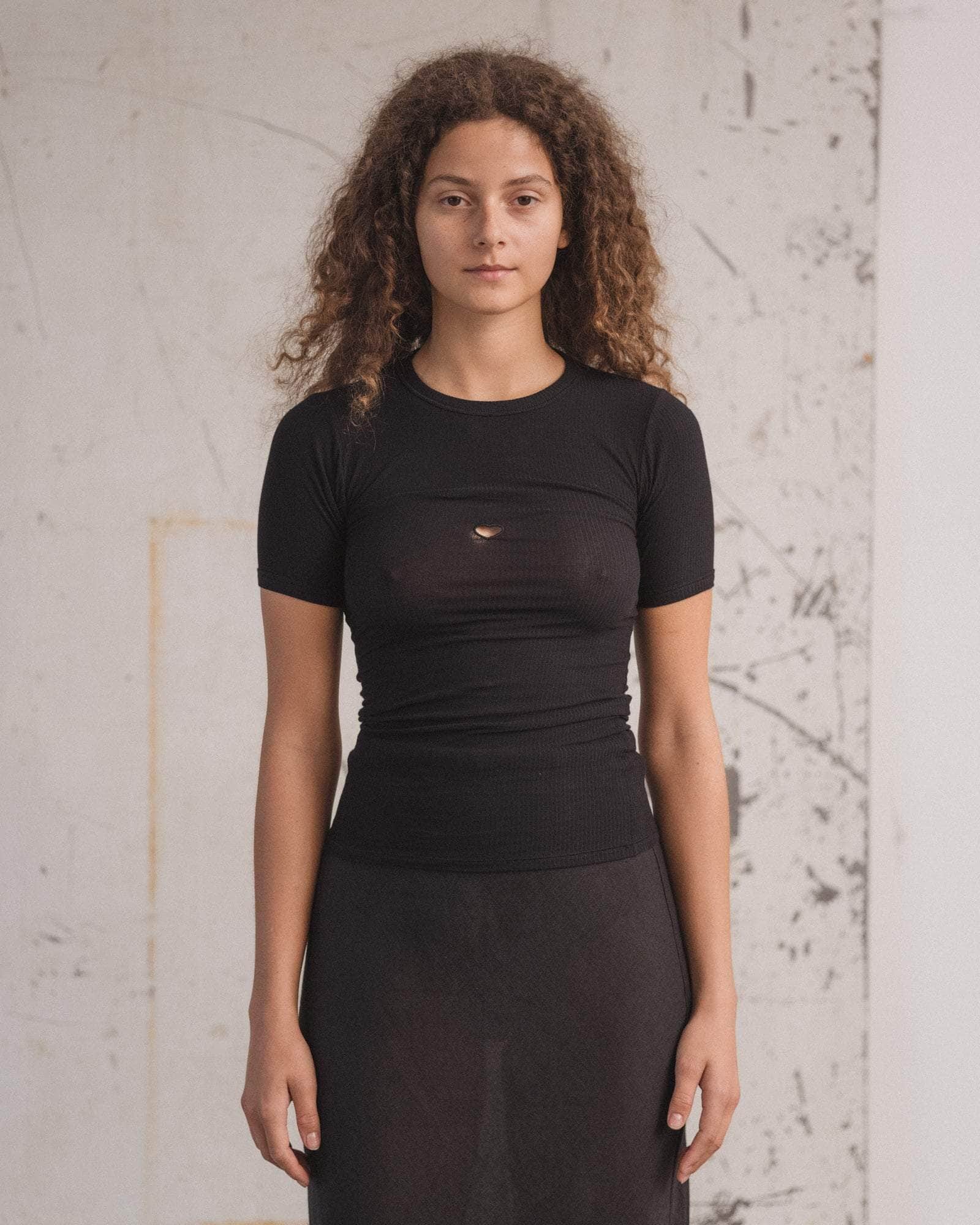 Baserange Heart Tee Shirt Black front view on model