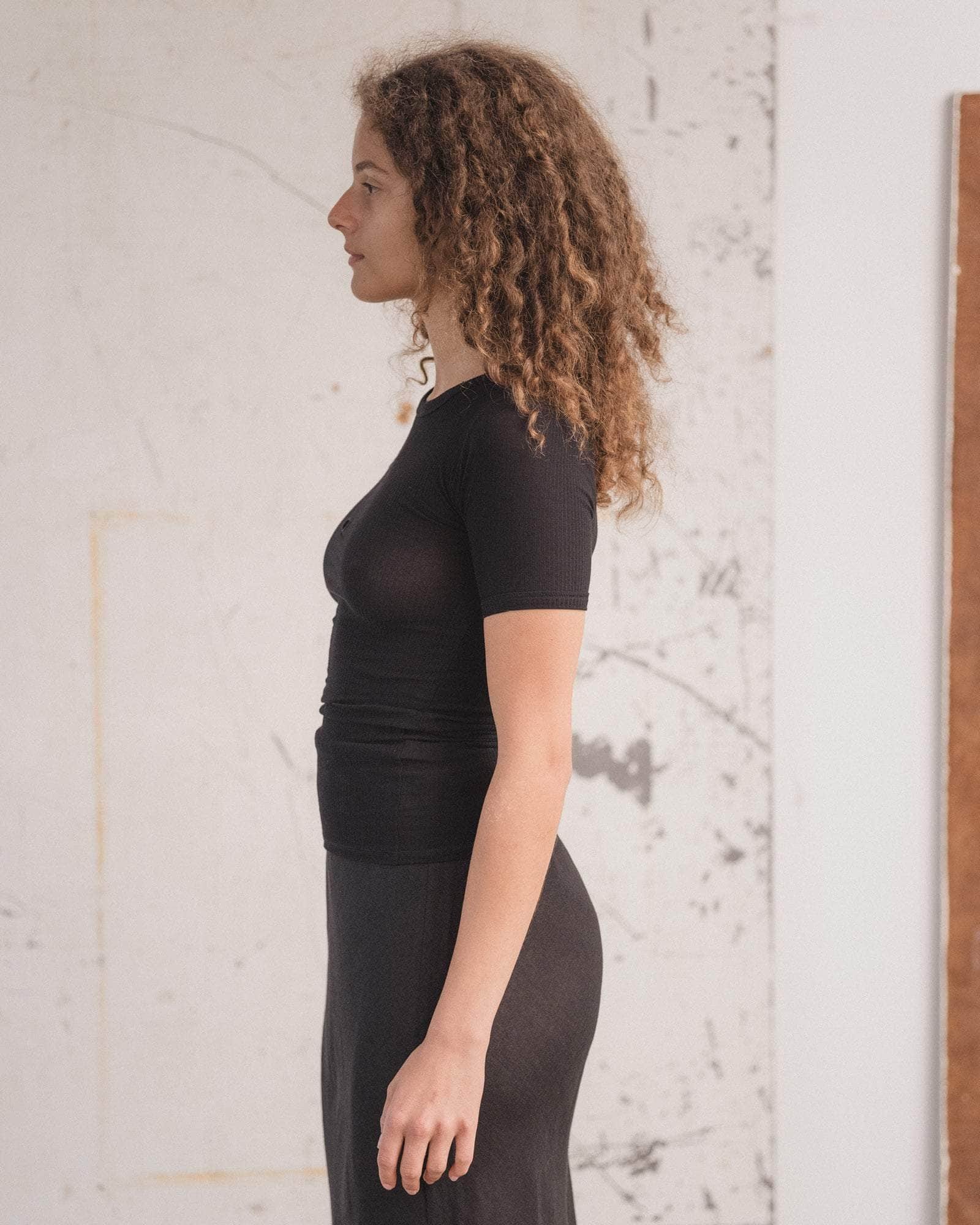 Baserange Heart Tee Shirt Black side view on model