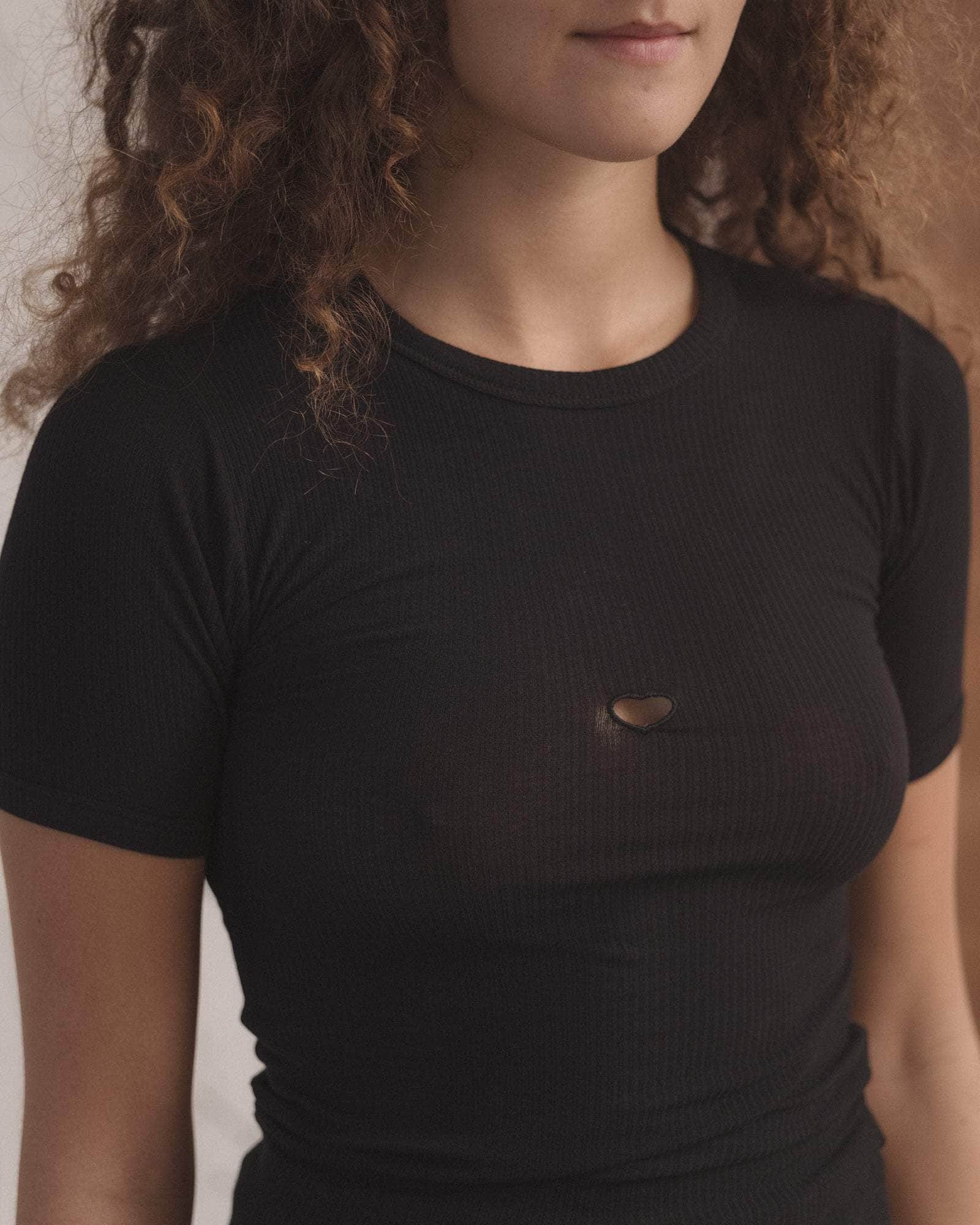 Baserange Heart Tee Shirt Black front view detail on model