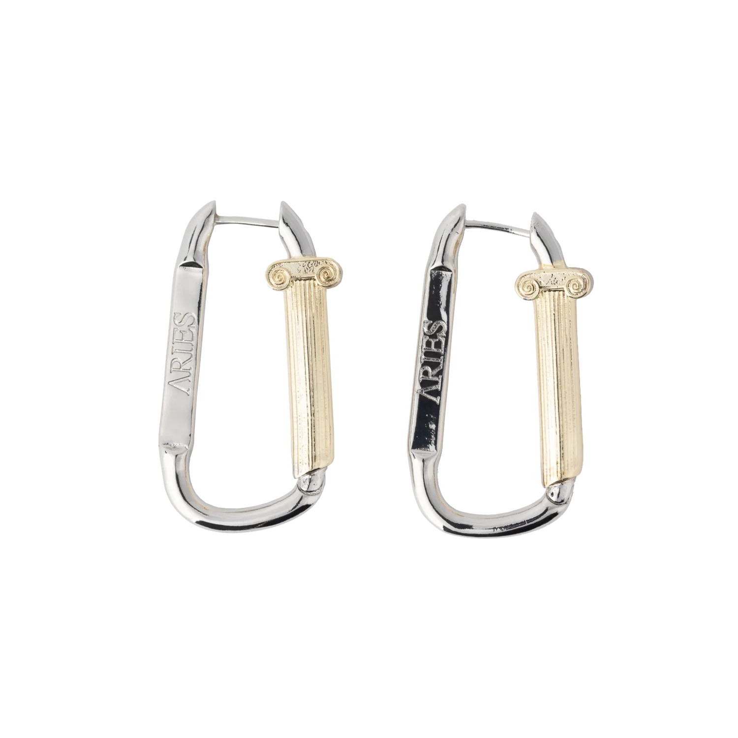 Aries Mini Column Carabiner Earrings Gold/Silver in a white background.