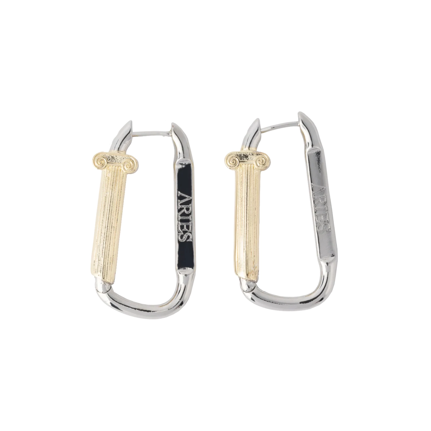 Aries Mini Column Carabiner Earrings Gold/Silver in a white background.