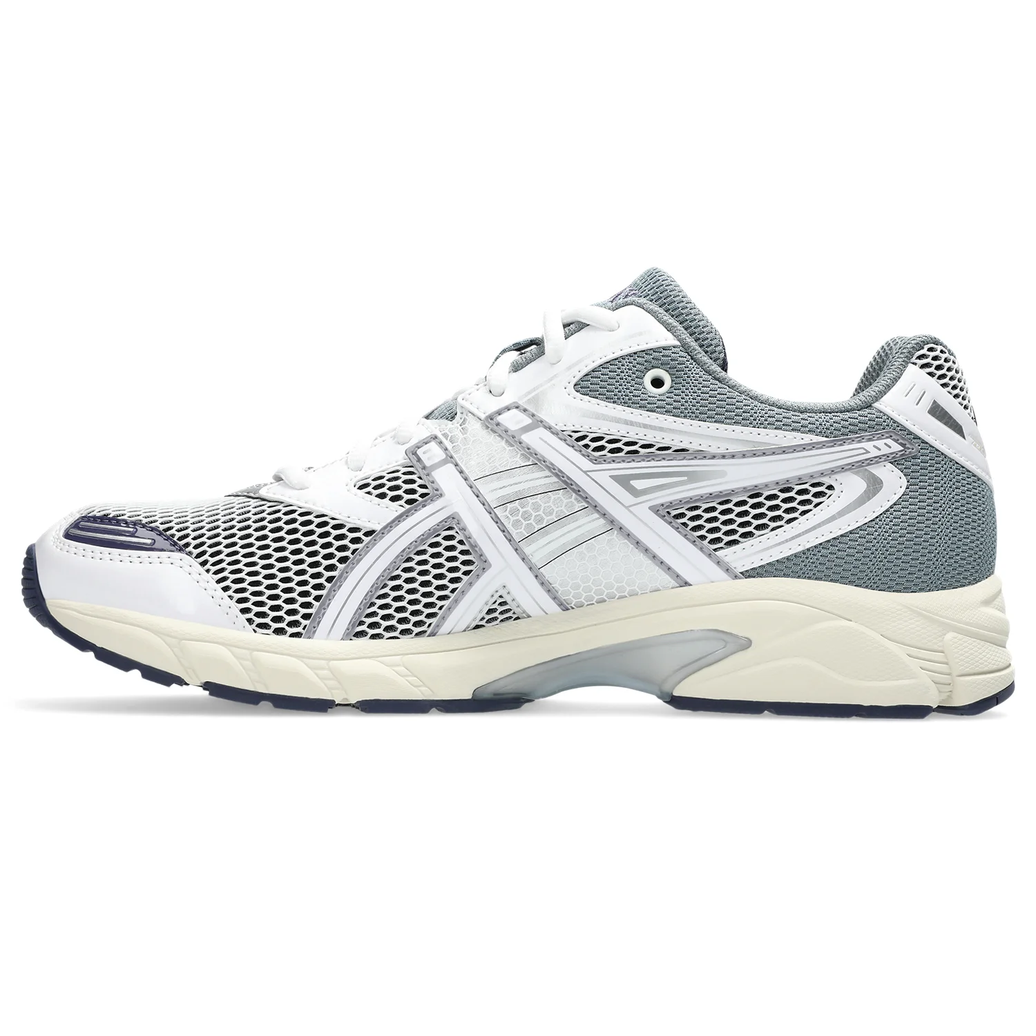 Asics Gel DS Trainer 14 White/Pure Silver side view in a white background