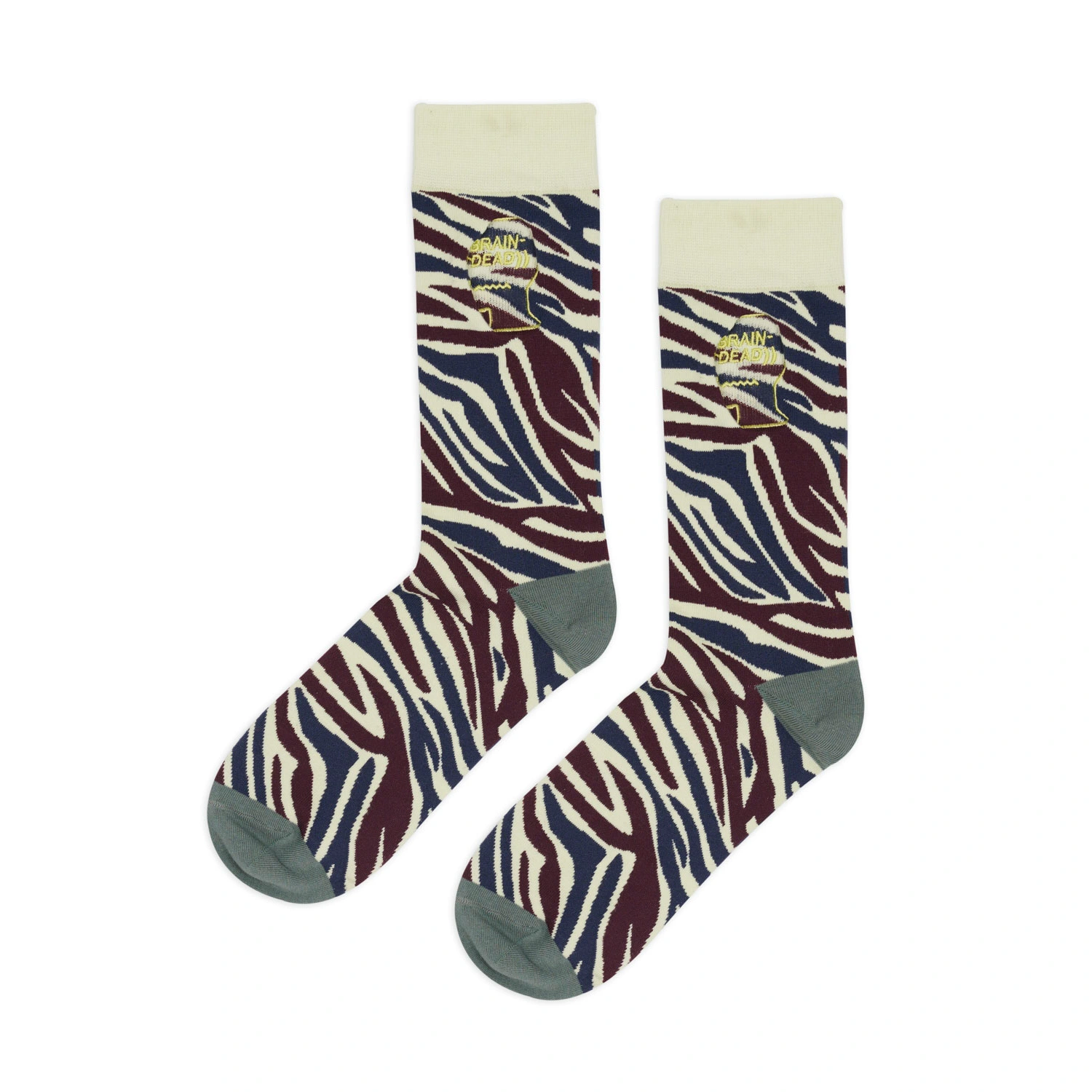Brain Dead Logo Head Dress Socks Multi Zebra side view in a white background
