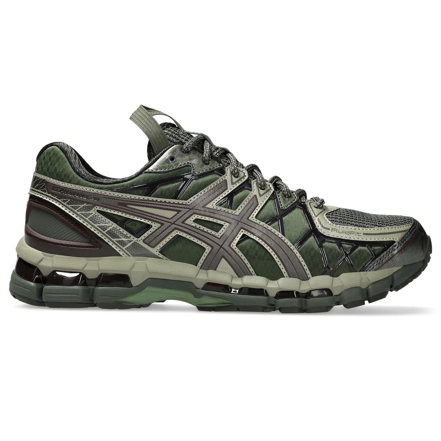 Asics UB10-S Gel KAYANO 20 Moss Green/Gunmetal side view in a white background