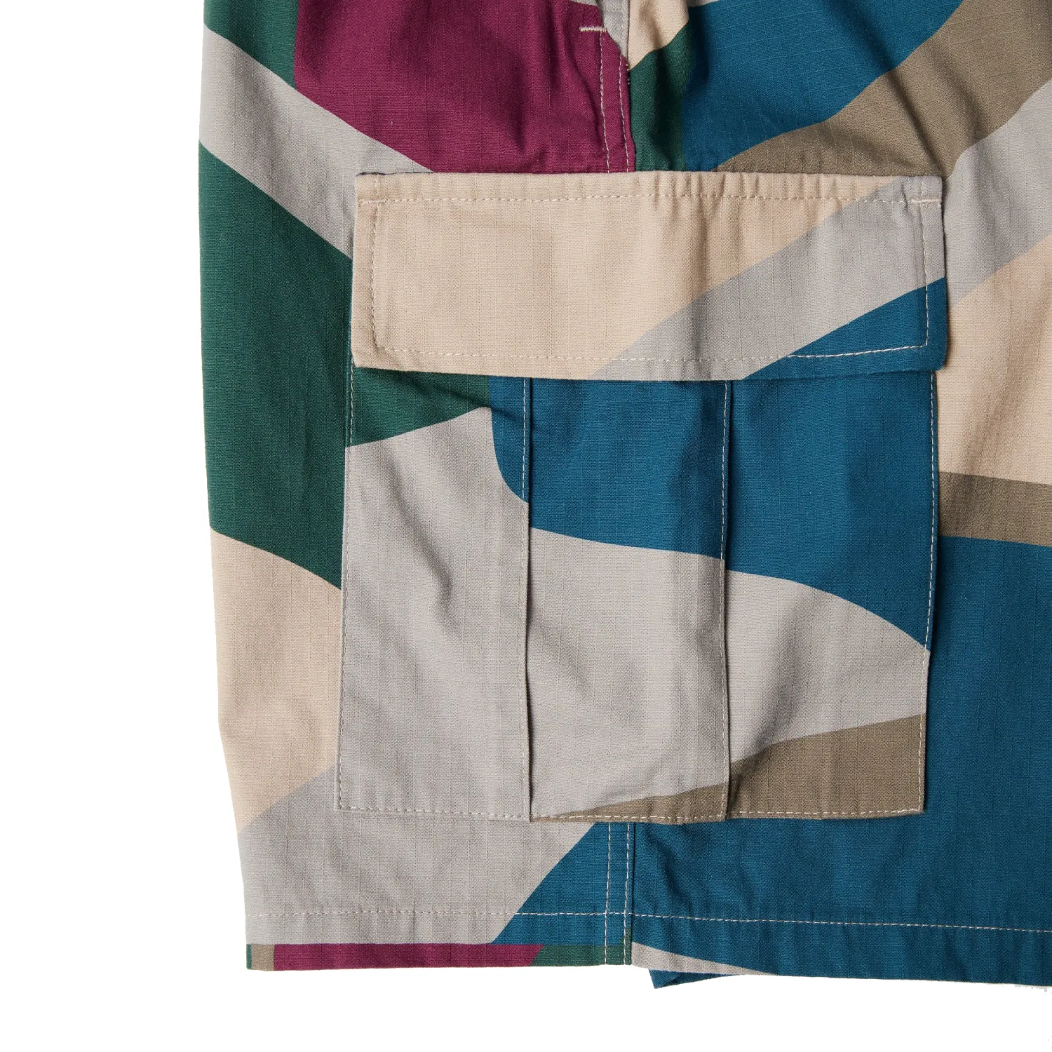 by Parra The Wall Camo Shorts side view pocket detail in a white background