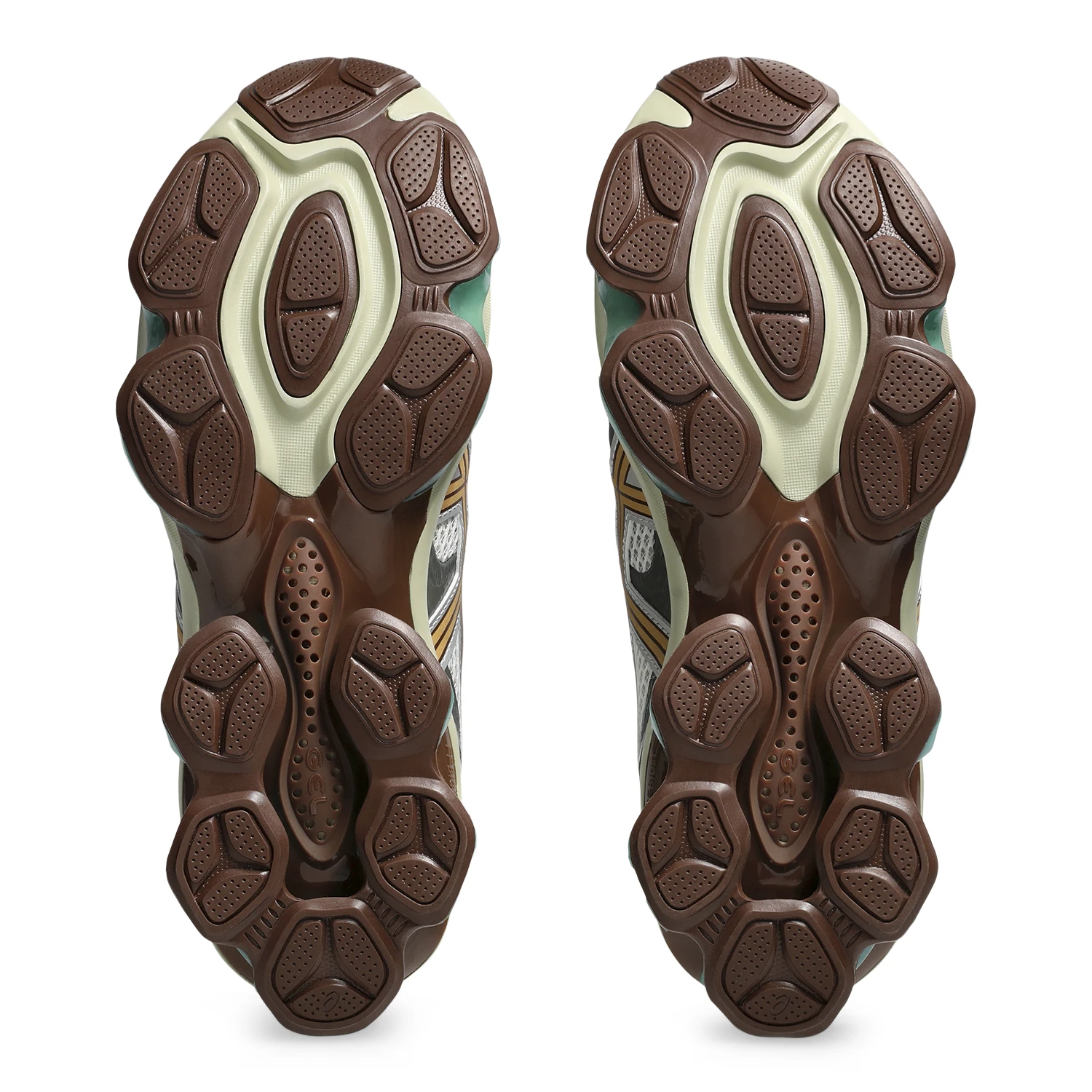 Asics GEL Quantum Kinetic White/Khaki bottom view in a white background