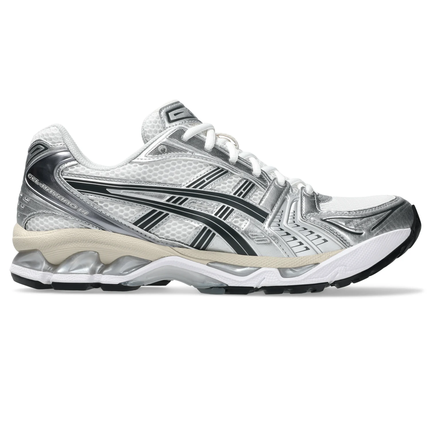 Asics GEL Kayano 14 White/Graphite Grey side view in a white background