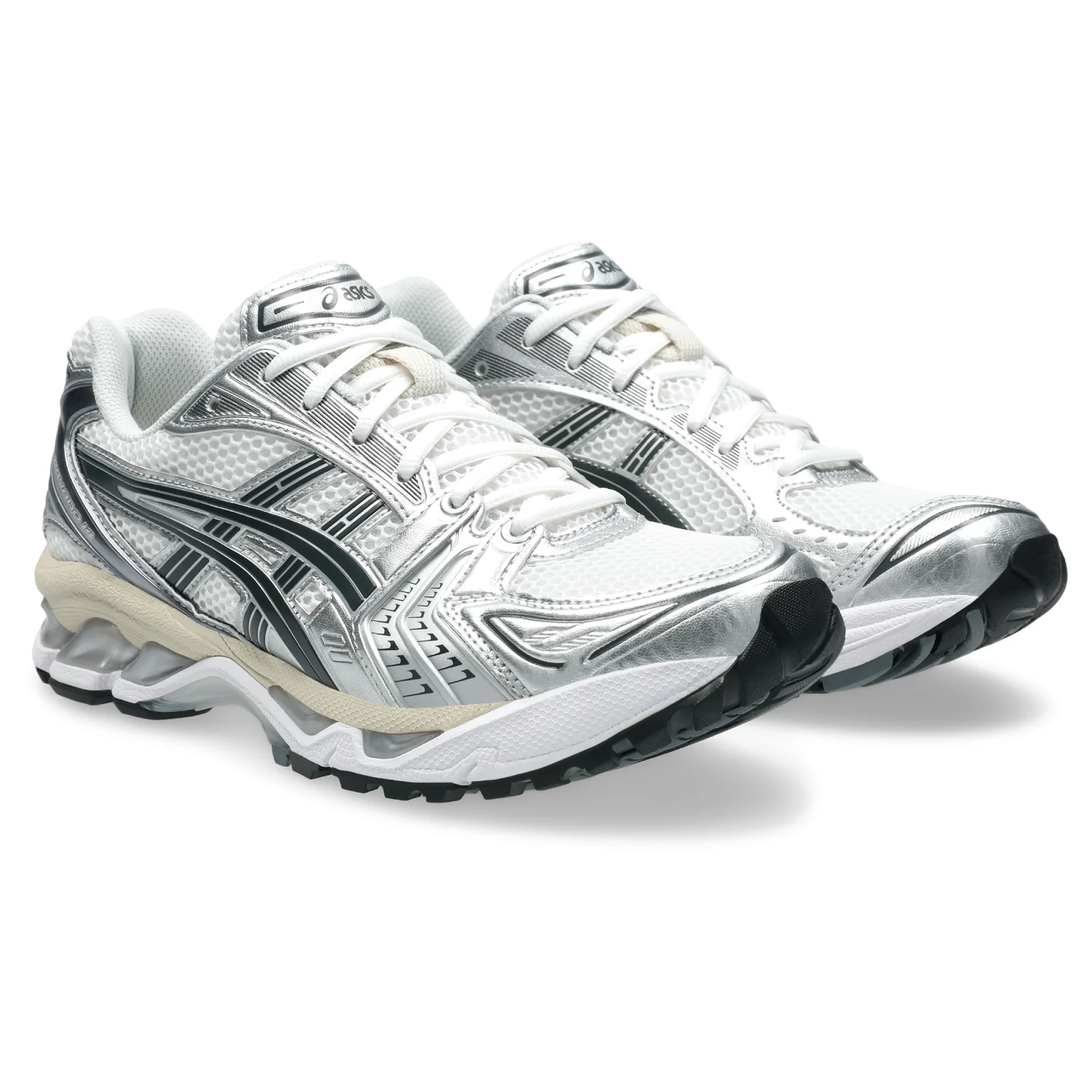 Asics GEL Kayano 14 White/Graphite Grey side view in a white background