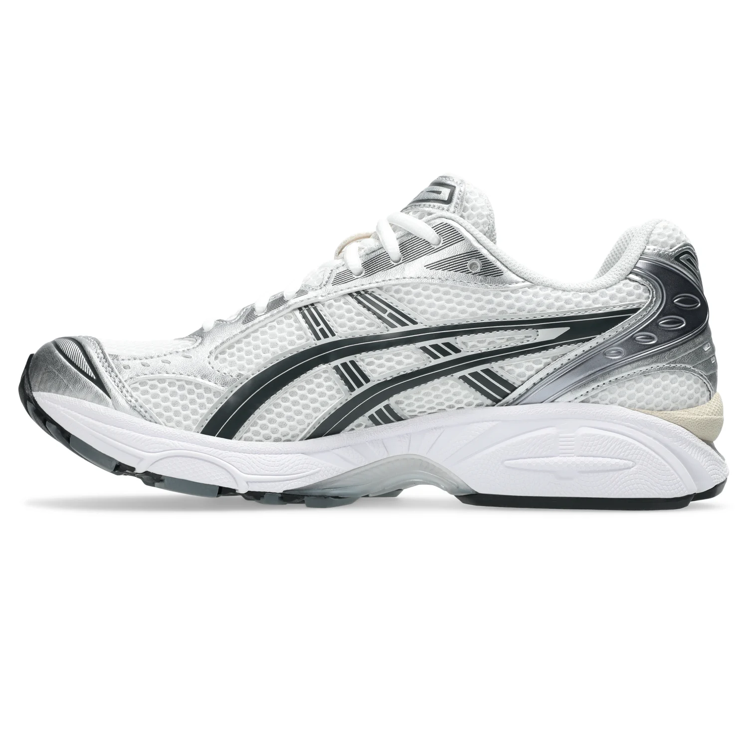Asics GEL Kayano 14 White/Graphite Grey side view in a white background