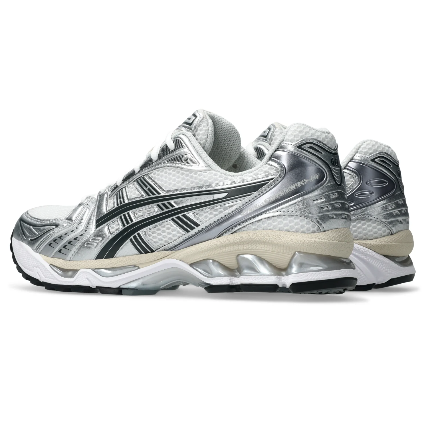 Asics GEL Kayano 14 White/Graphite Grey side view in a white background