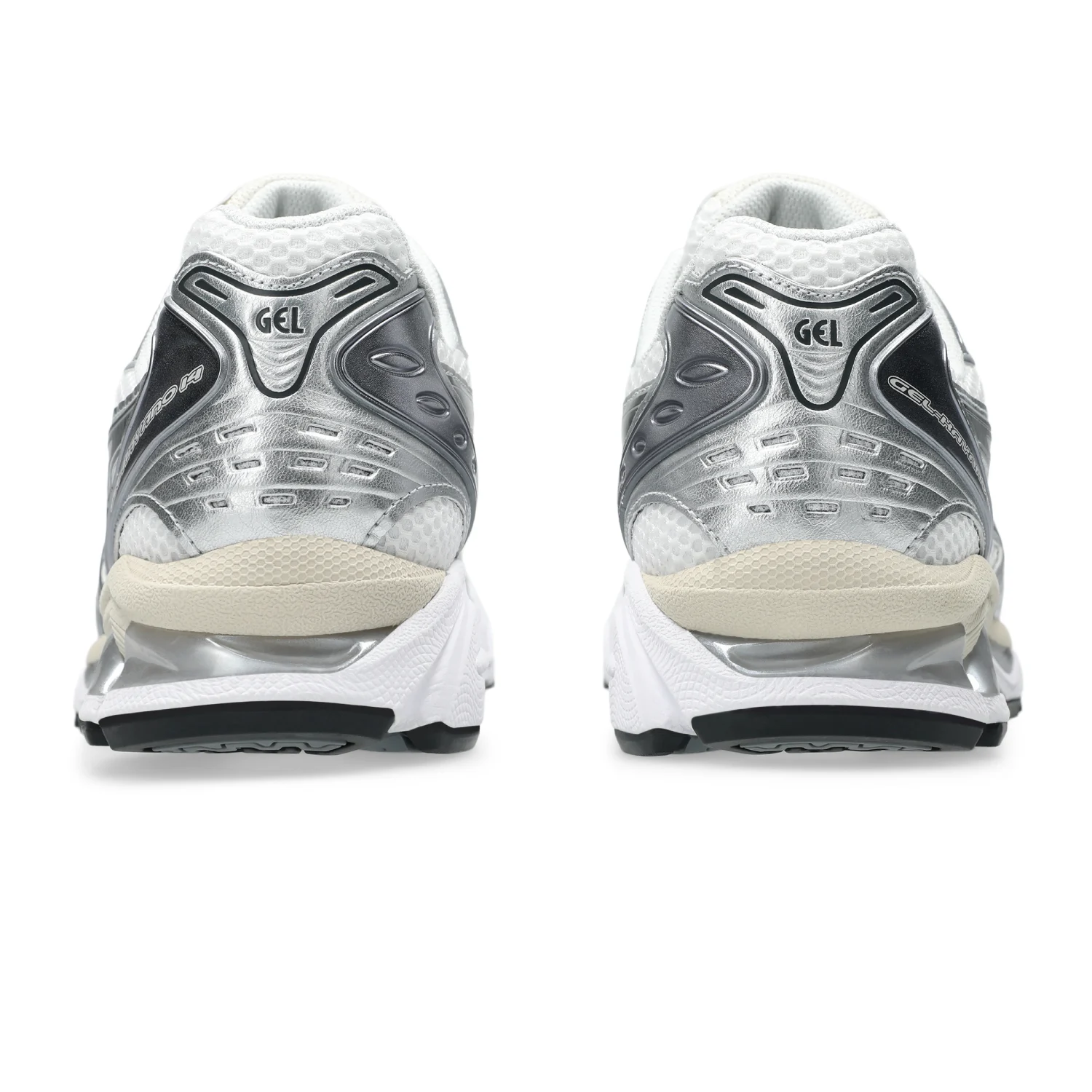 Asics GEL Kayano 14 White/Graphite Grey back view in a white background