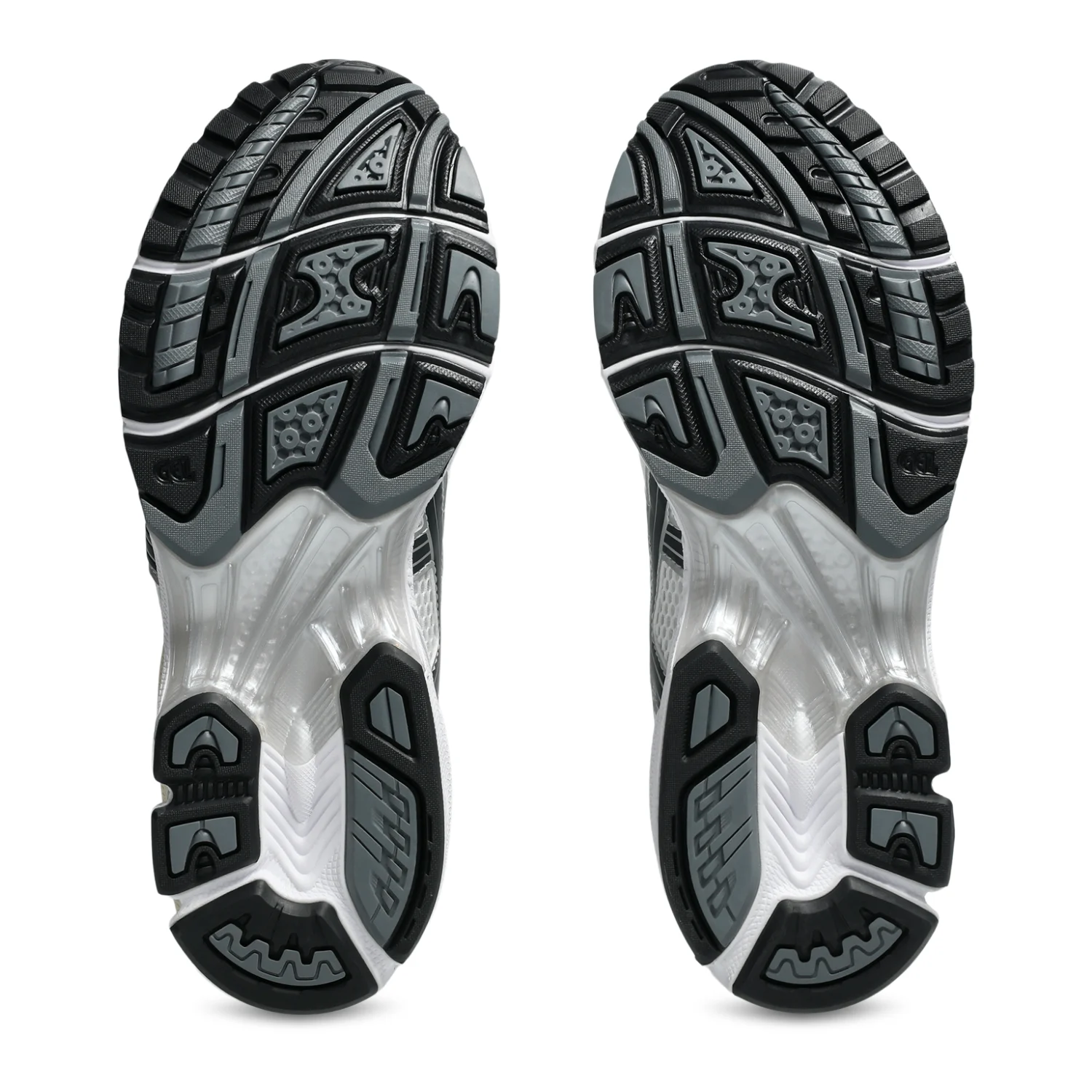 Asics GEL Kayano 14 White/Graphite Grey bottom view in a white background