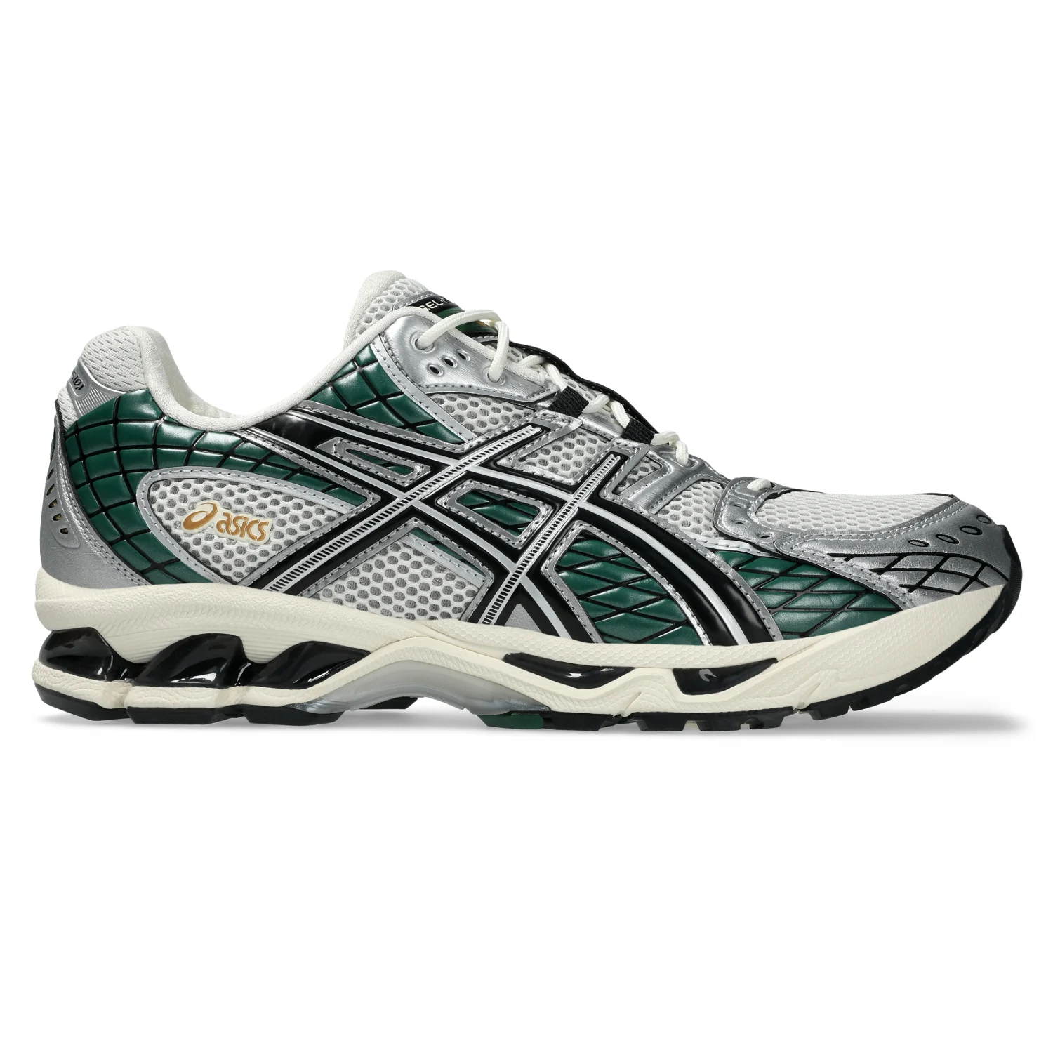 Asics Nimbus 10.1 Cream/Grove side view in a white background