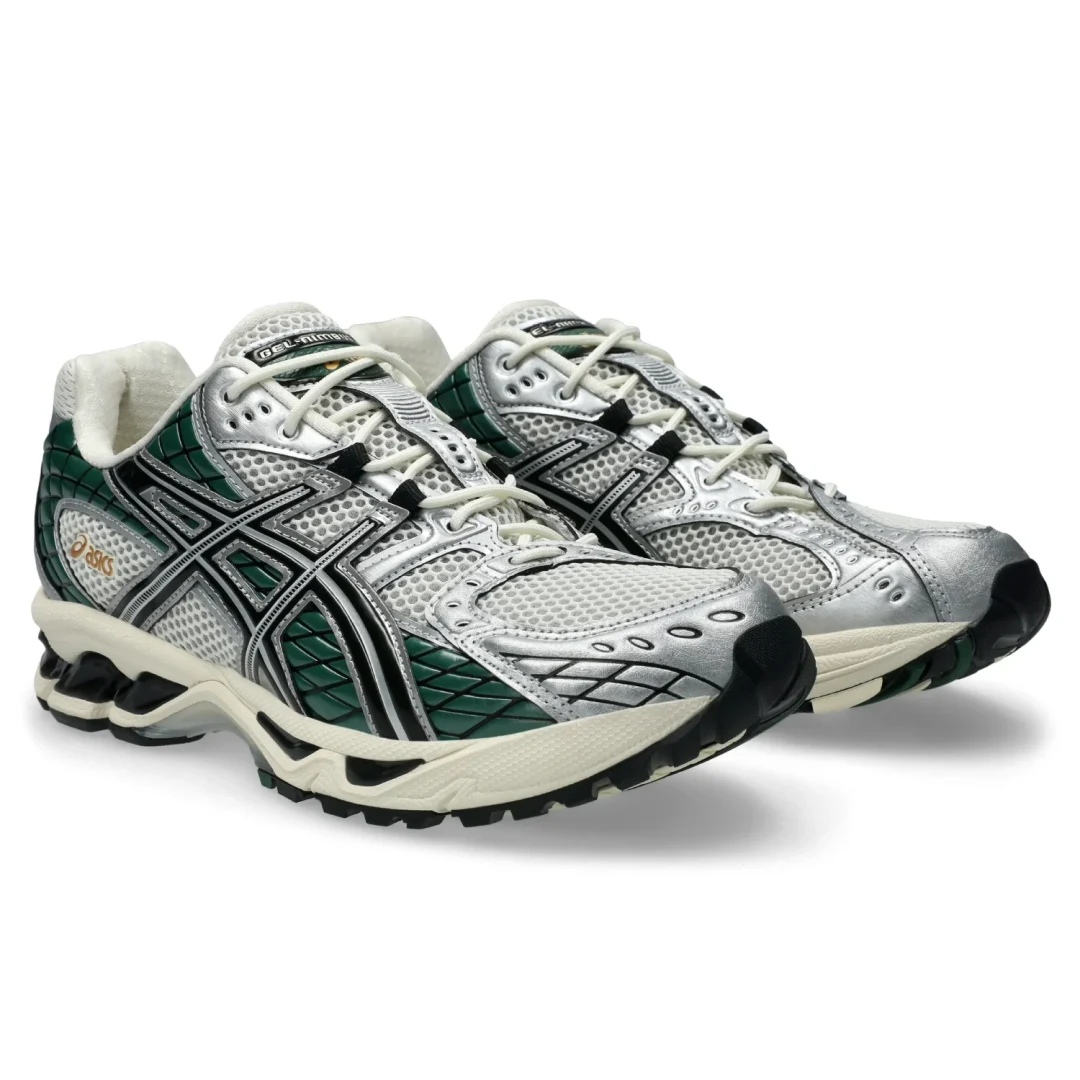 Asics Nimbus 10.1 Cream/Grove side view in a white background