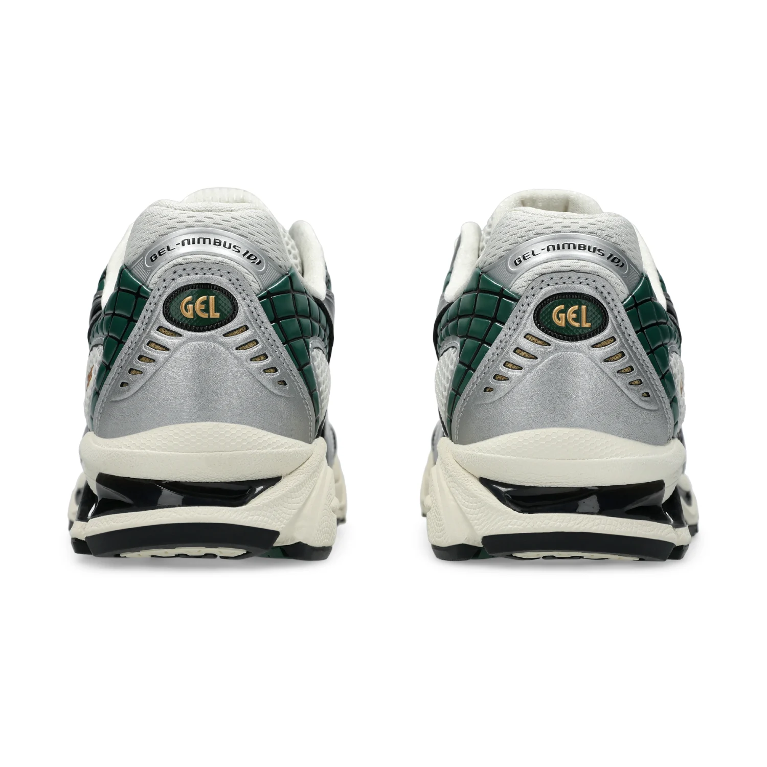 Asics Nimbus 10.1 Cream/Grove back view in a white background