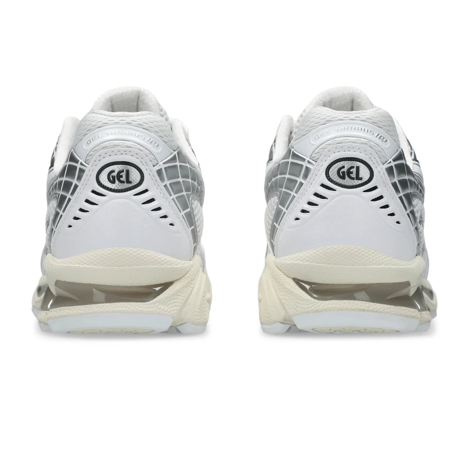Asics Nimbus 10.1 White/Pure Silver back view in a white background