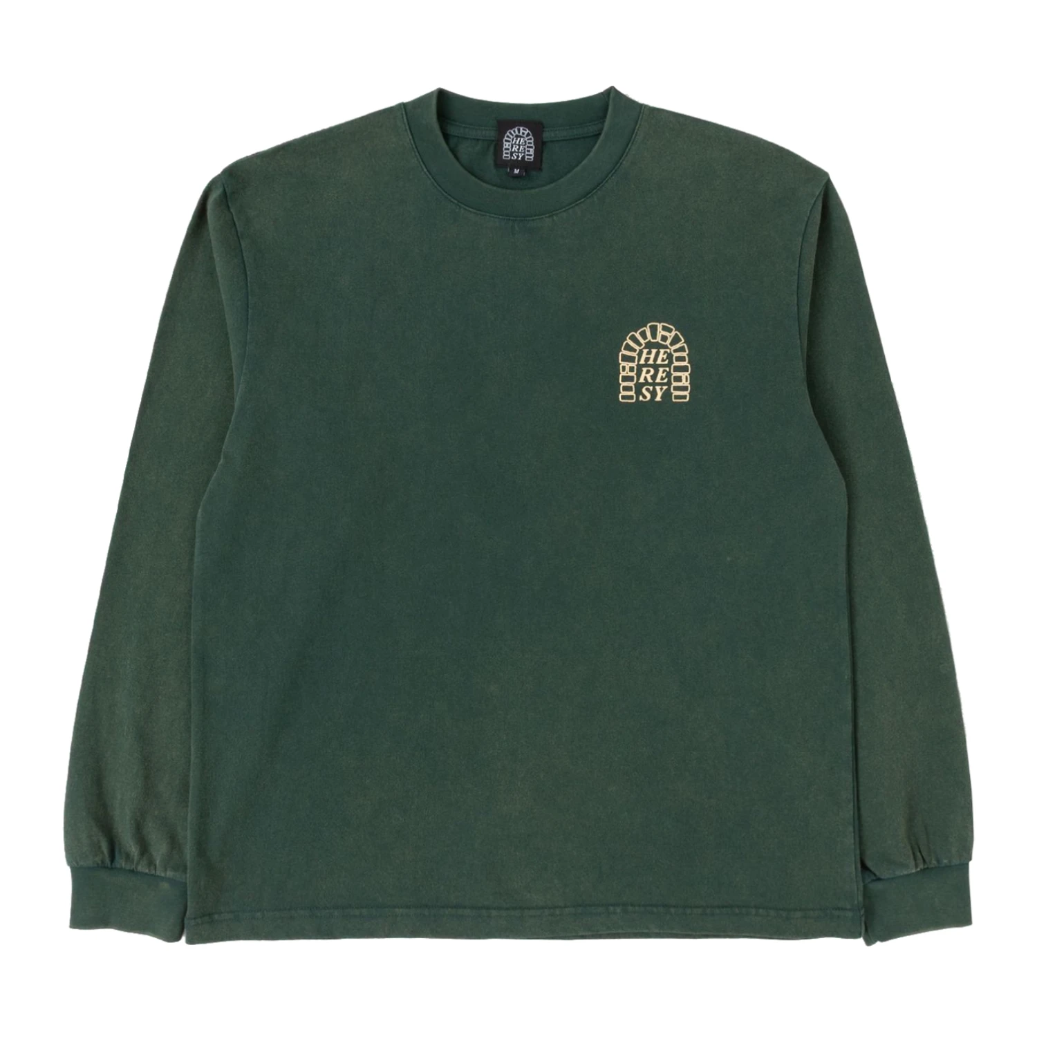 Heresy Arch Long Sleeve T-Shirt Green front view in a white background