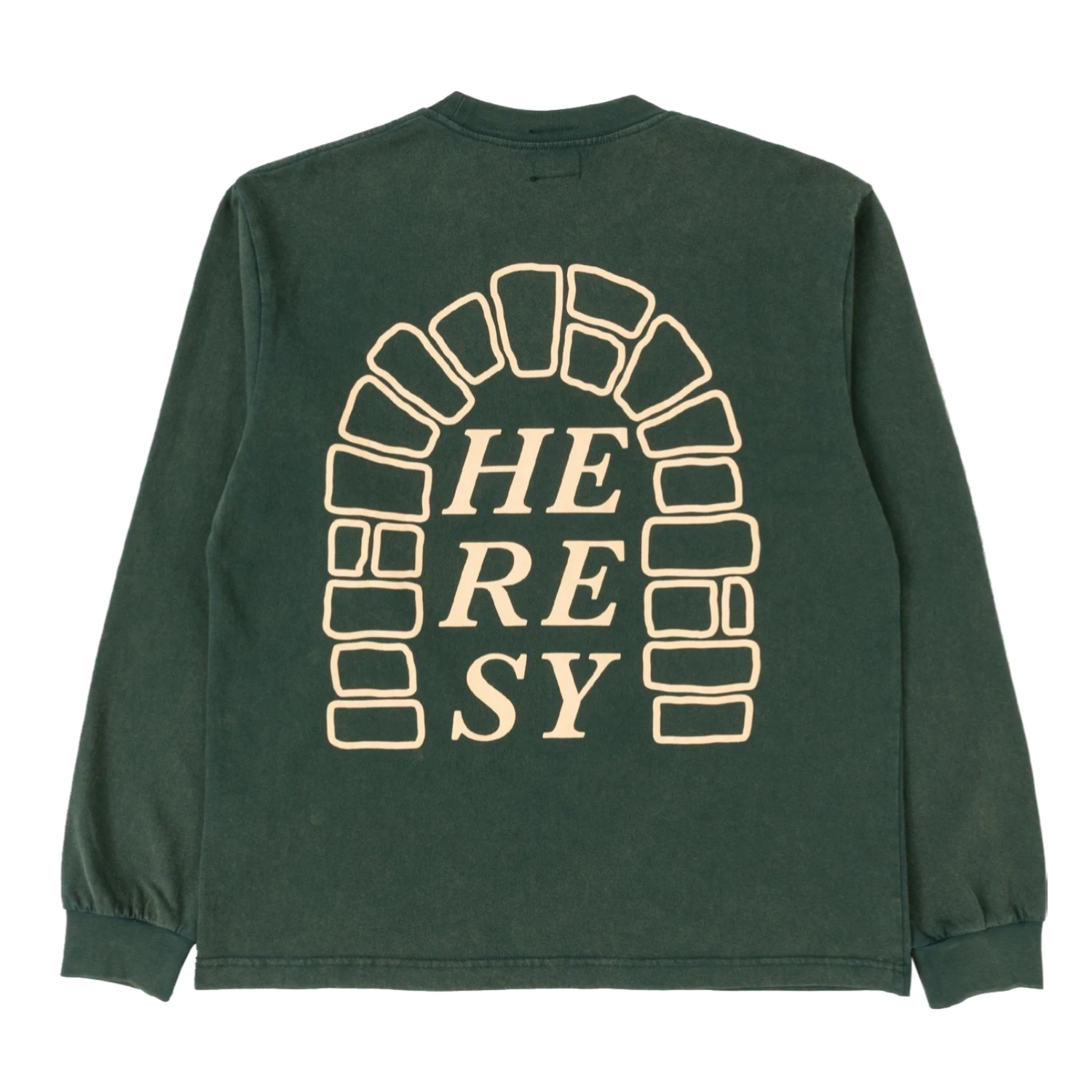 Heresy Arch Long Sleeve T-Shirt Green back view in a white background