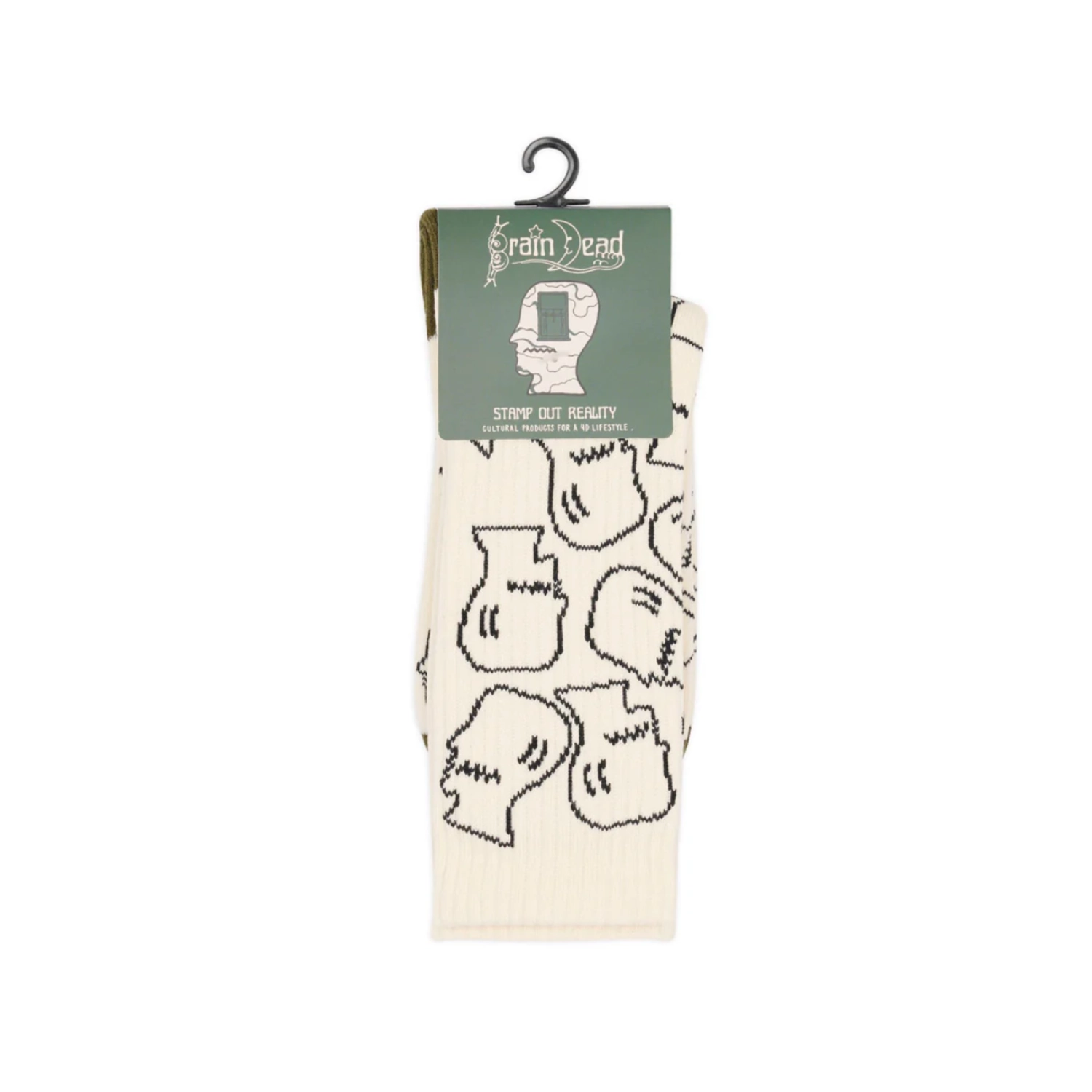 Brain Dead Logohead Socks Cream side view on packaging in a white background