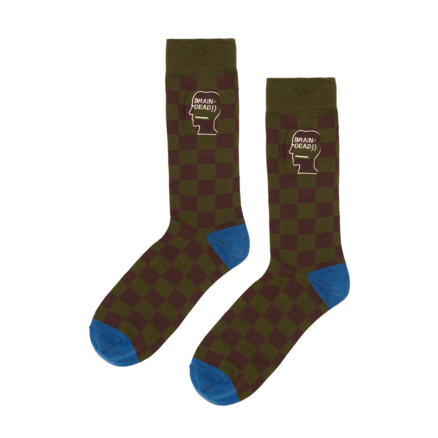 Brain Dead Logohead dress socks checkered front view in a white background