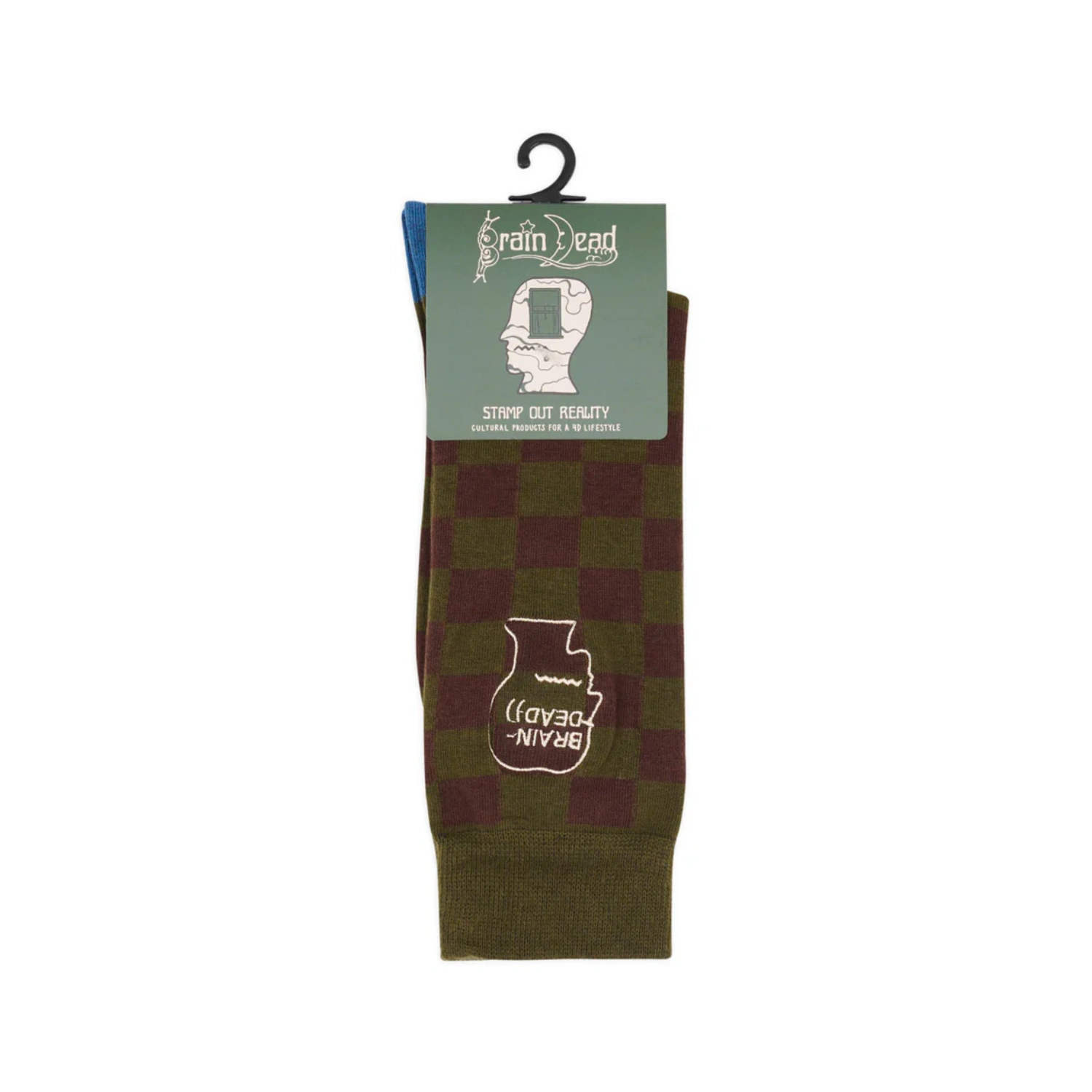 Brain Dead Logohead dress socks checkered front view on packaging in a white background
