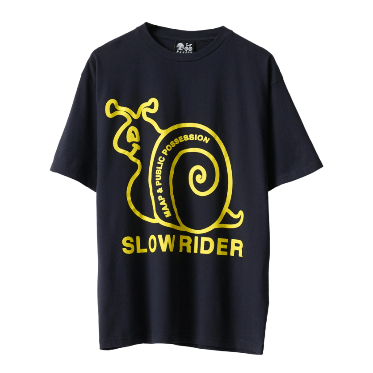 Public Possession + MAAP Slow Rider T-Shirt Navy front view in a white background