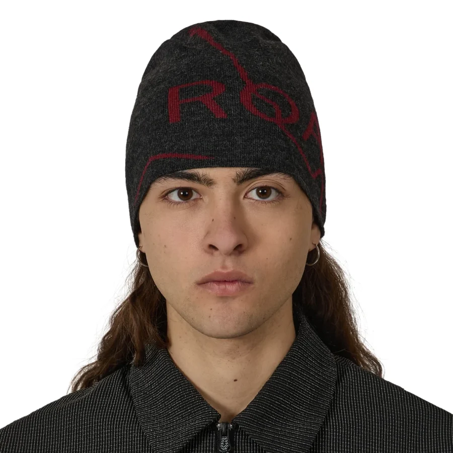 ROA Logo Wool Beanie Anthracite front view on model in a white background