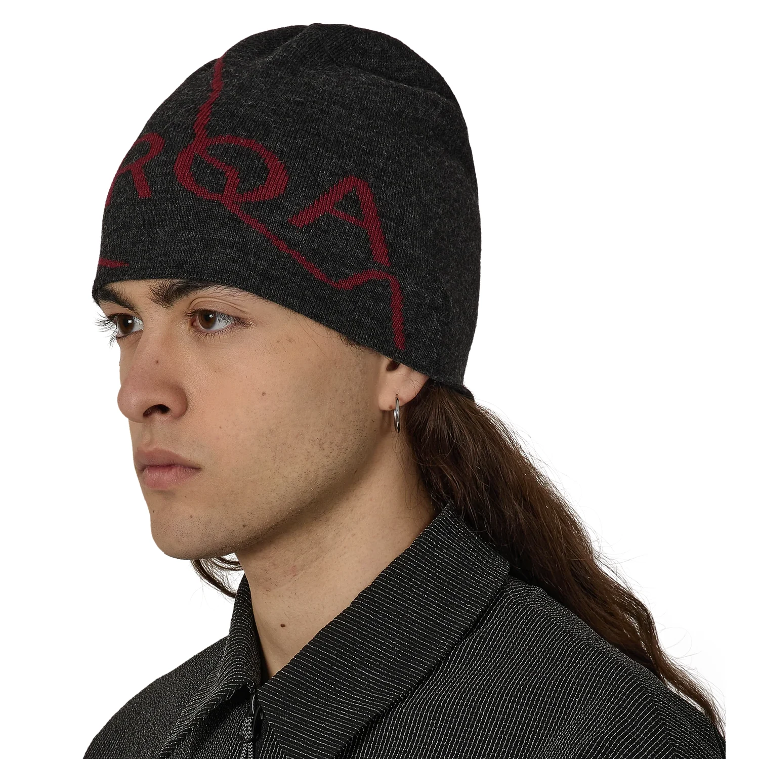 ROA Logo Wool Beanie Anthracite side view on model in a white background