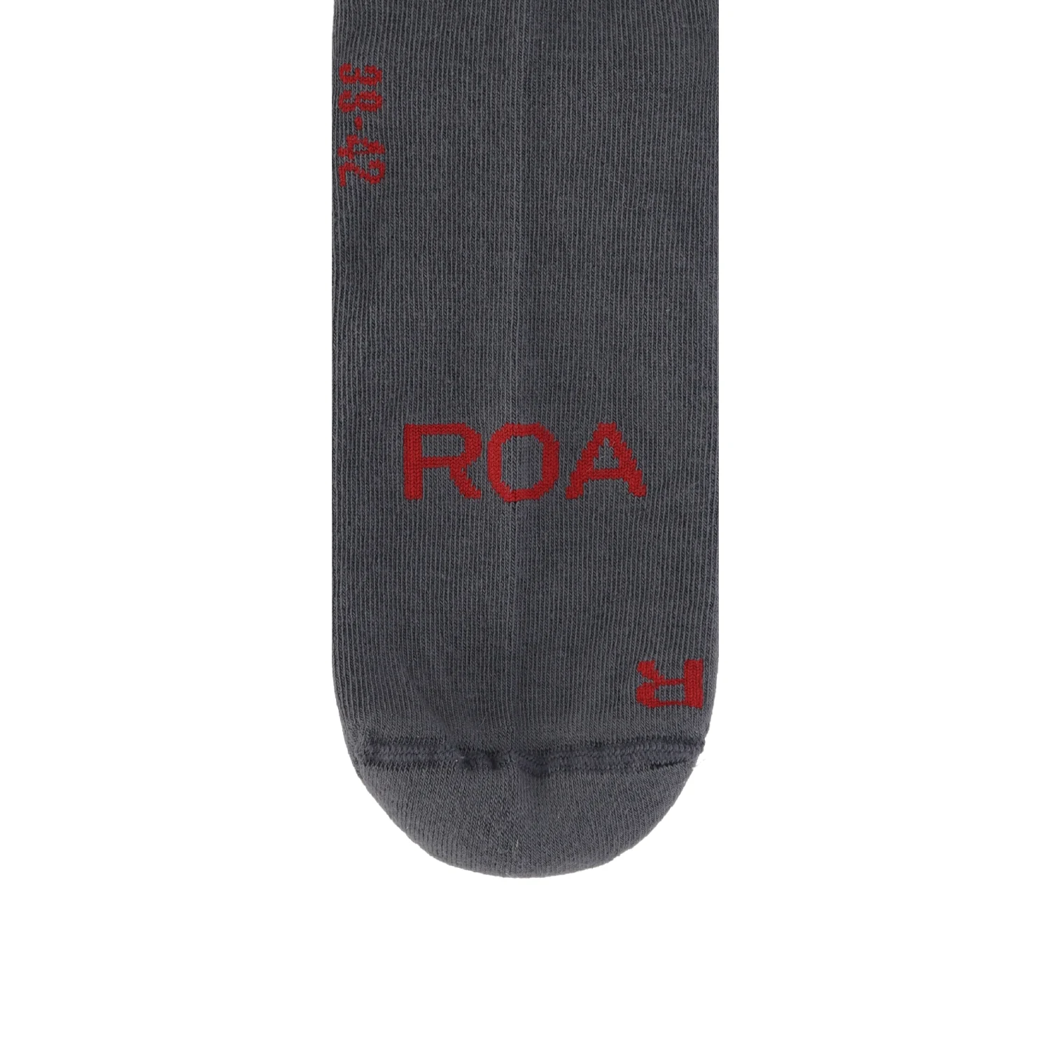 ROA logo biofill socks grey front view logo detail in a white background