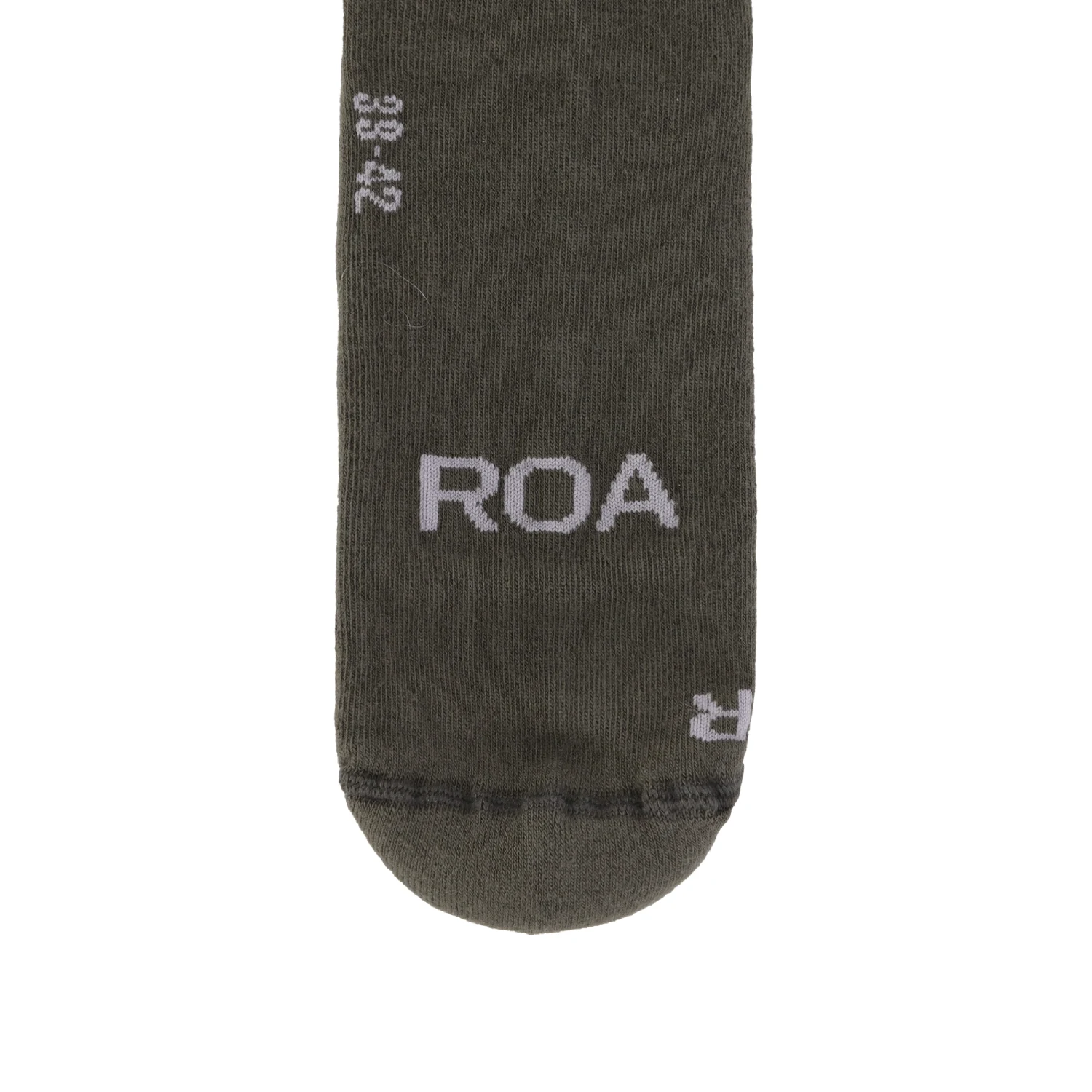 ROA logo biofill socks dark green front view logo detail in a white background