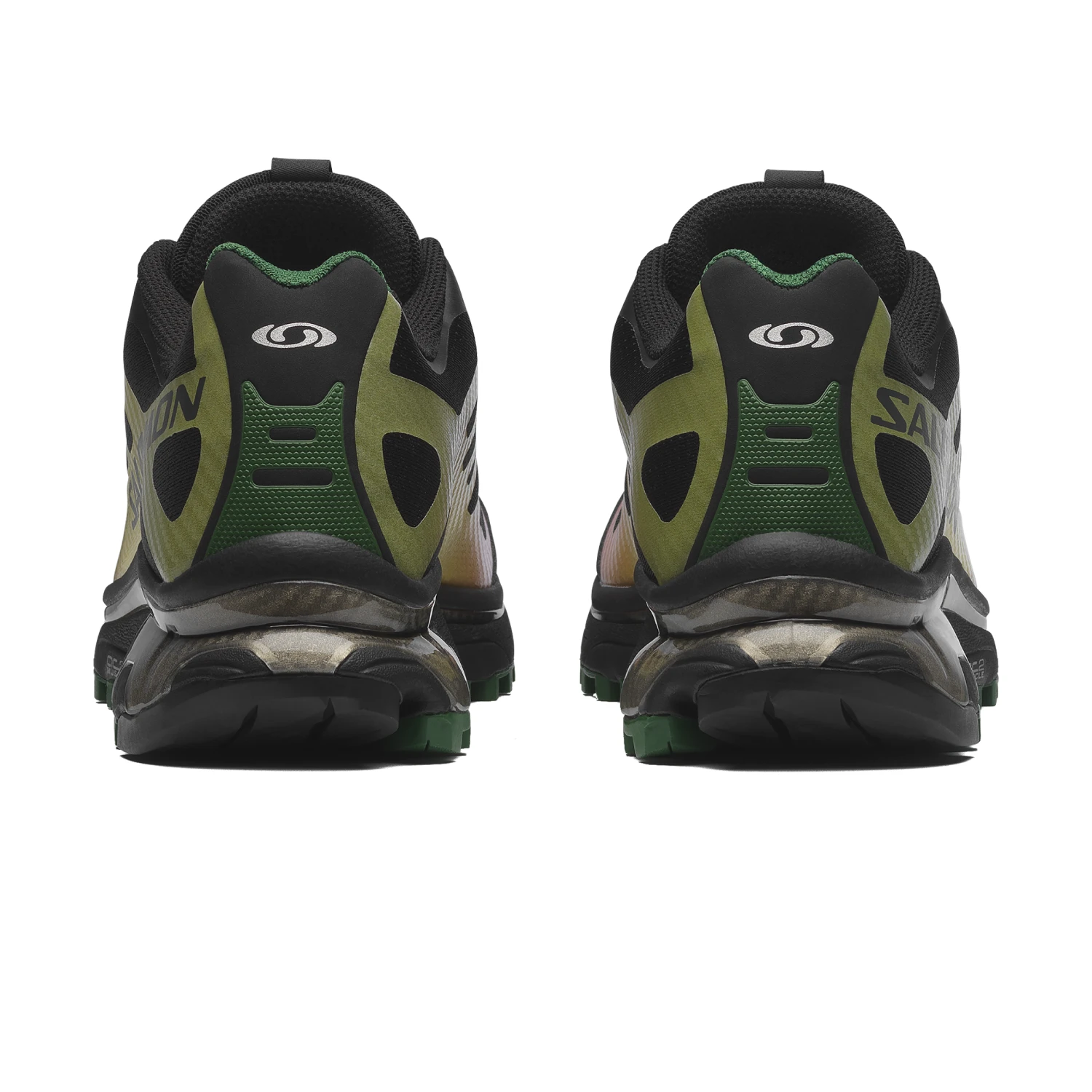 Salomon XT 4 OG Black/Asphalt/Eden back view in a white bakground