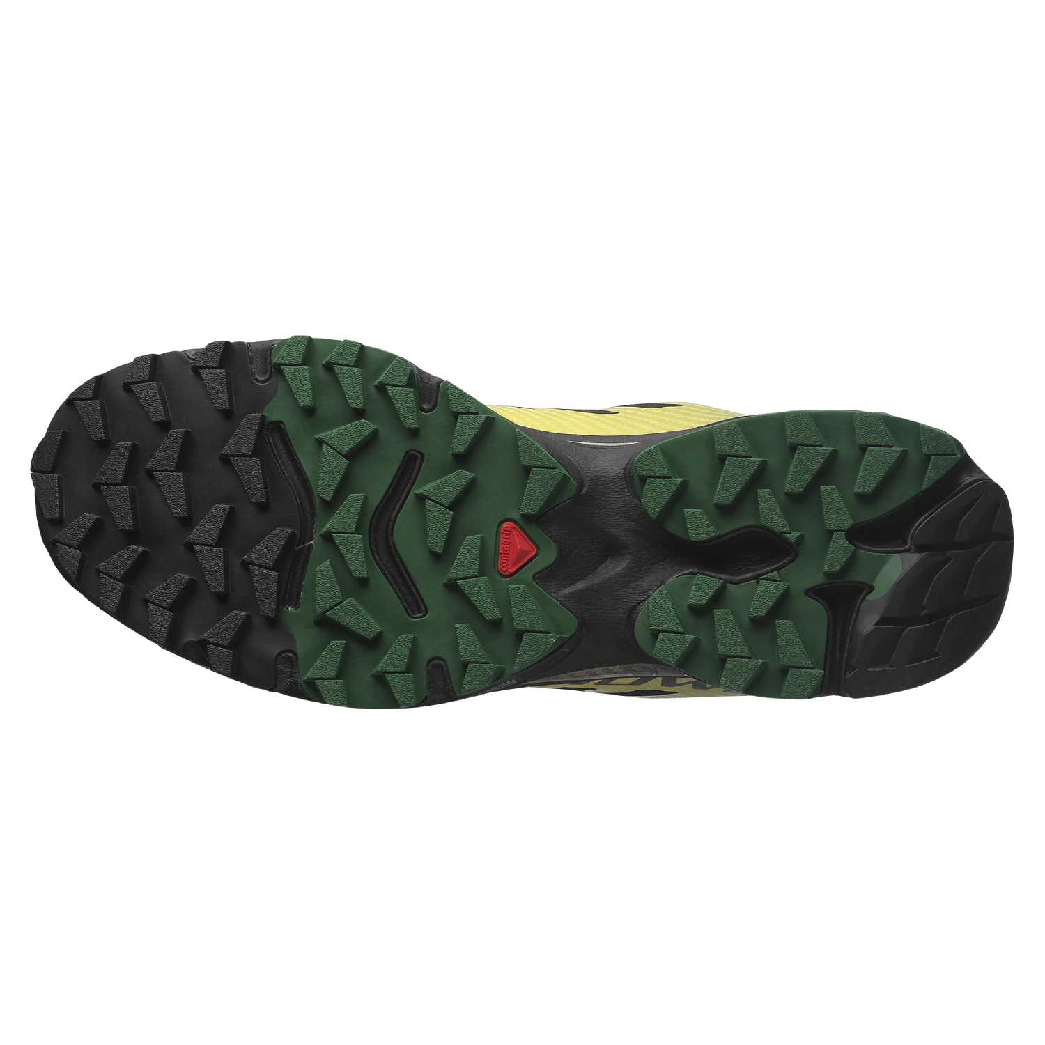 Salomon XT 4 OG Black/Asphalt/Eden bottom view in a white bakground