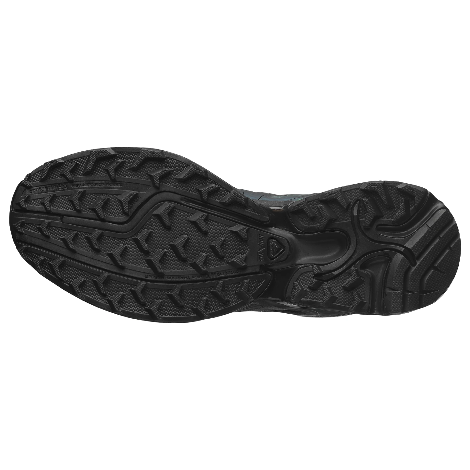 Salomon XT-Whisper Void Black/Black/Silver Metallic X bottom view in a white background