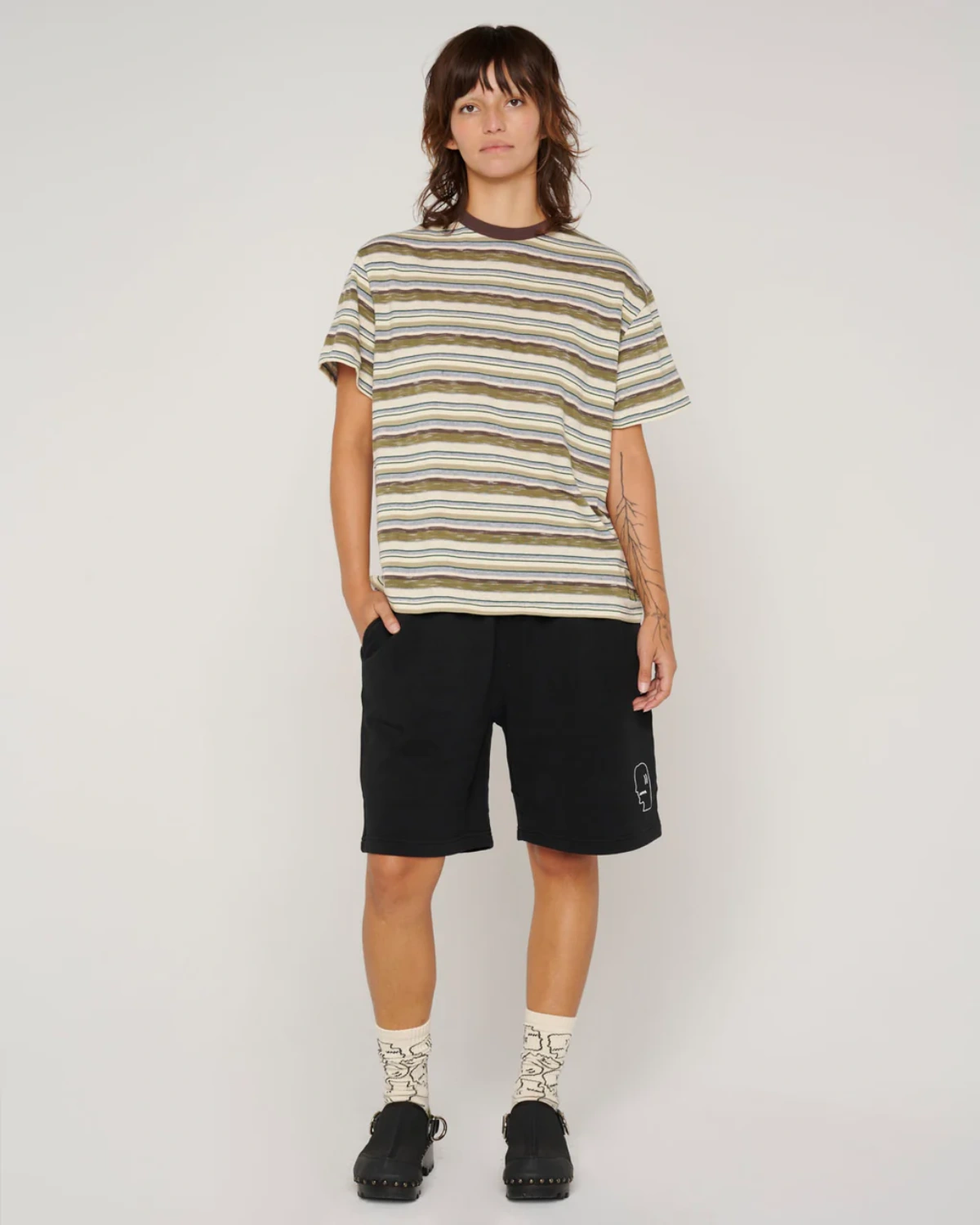 Brain Dead Toni Stripe T-Shirt Olive/Multi back view on model
